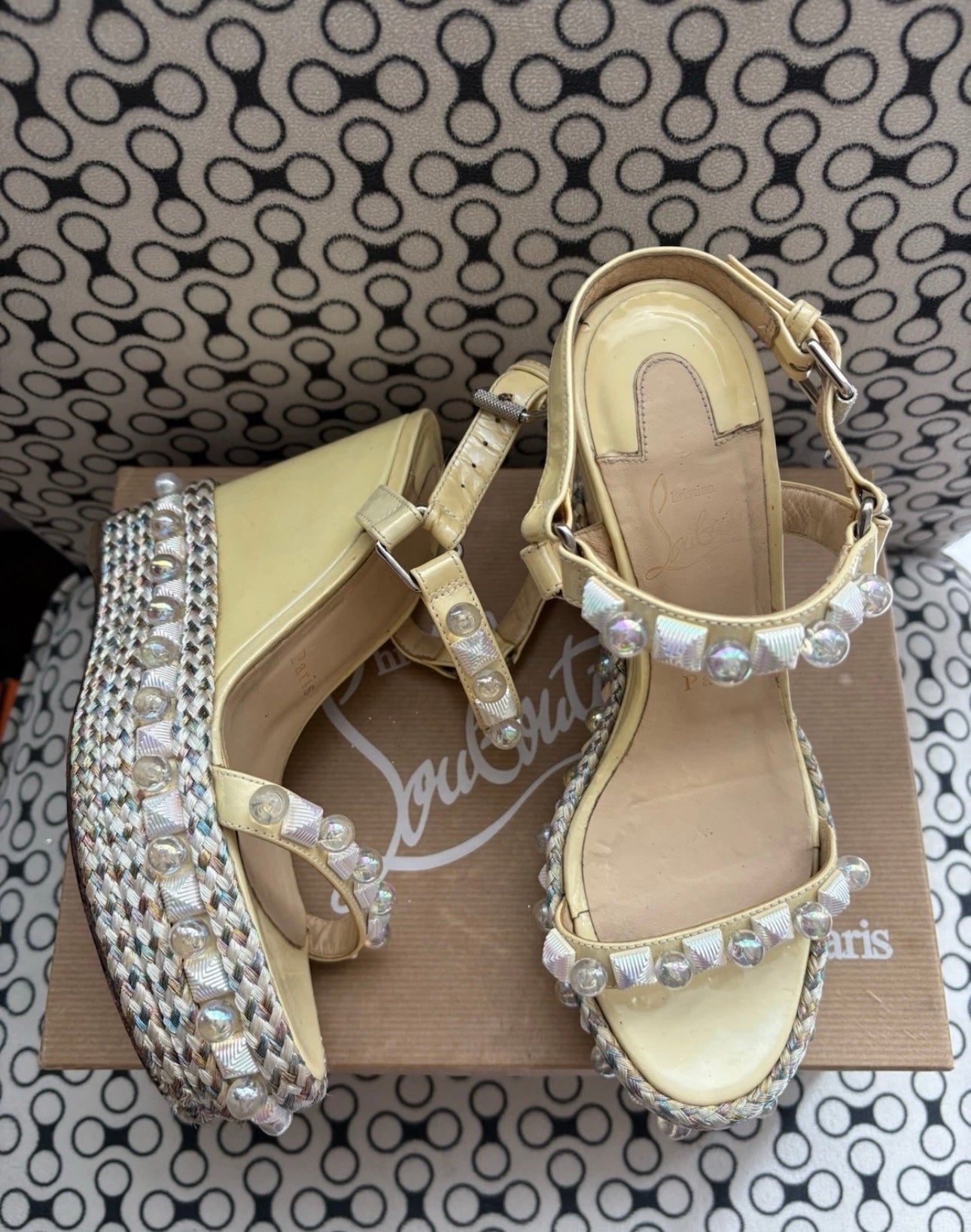 Christian Louboutin PYRACLOU 110 Wedge Sole Sandals Pearl Studded Light Yellow