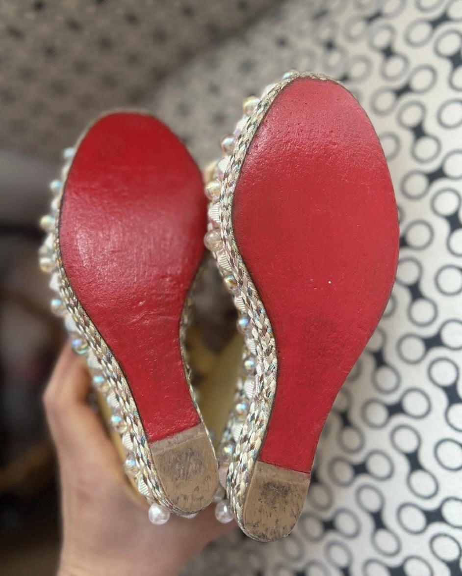 Christian Louboutin PYRACLOU 110 Wedge Sole Sandals Pearl Studded Light Yellow