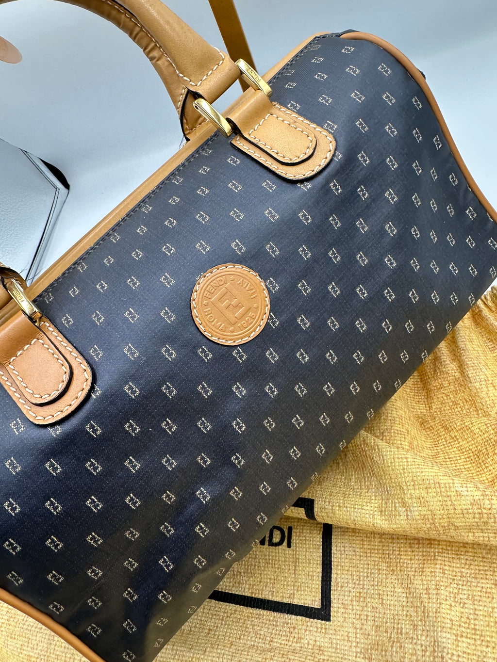 Fendi monogram boston bag in satin navy