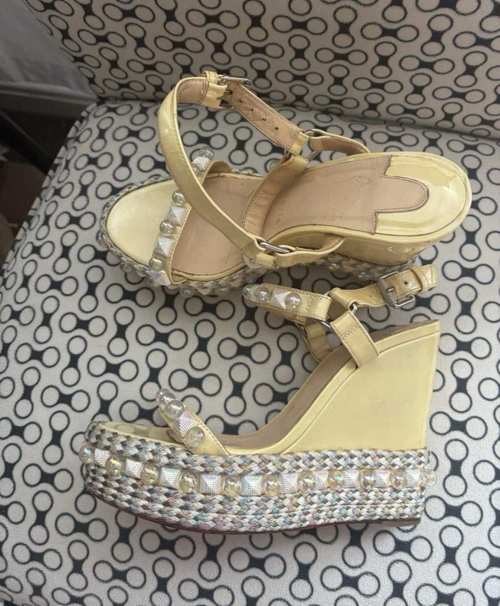 Christian Louboutin PYRACLOU 110 Wedge Sole Sandals Pearl Studded Light Yellow