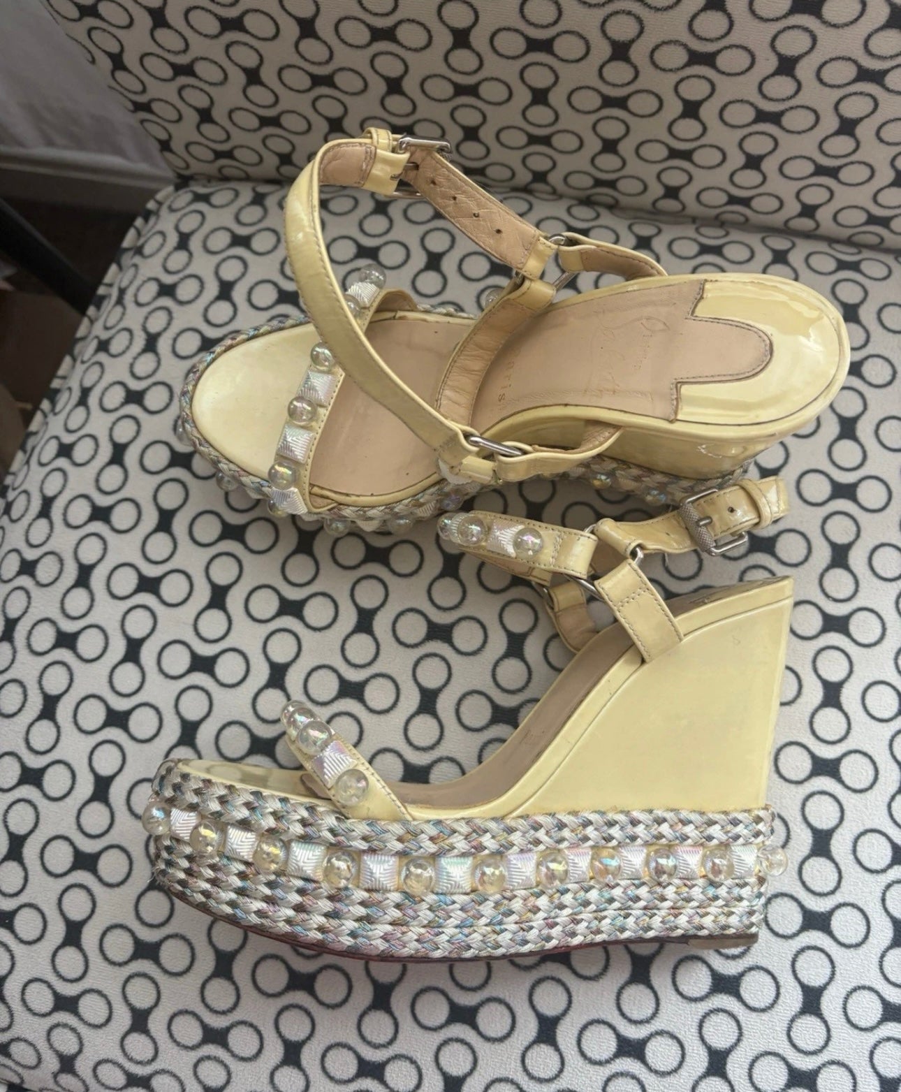 Christian Louboutin PYRACLOU 110 Wedge Sole Sandals Pearl Studded Light Yellow