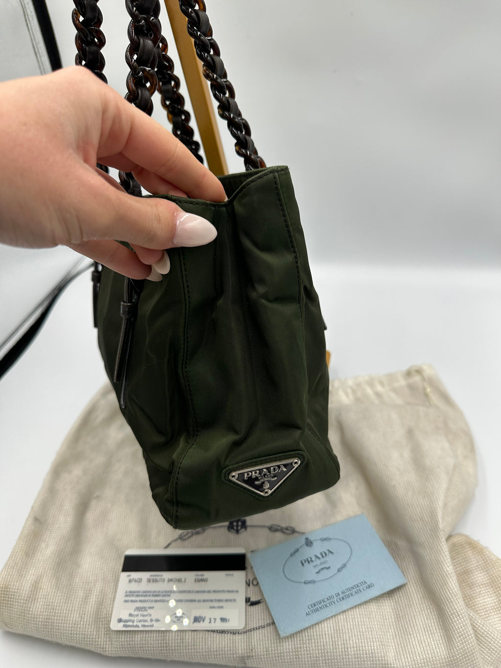 Prada Nylon black chain forest green shoulder bag