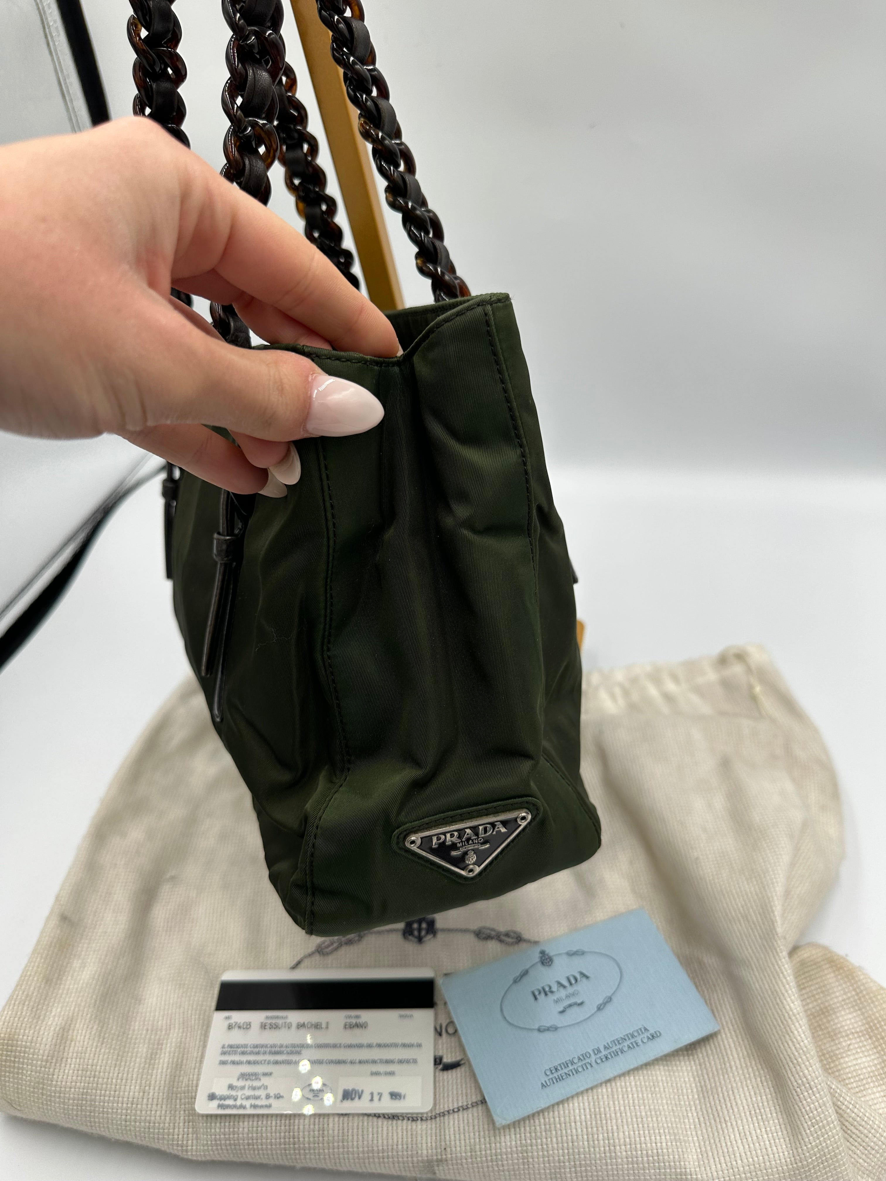 Prada Nylon black chain forest green shoulder bag