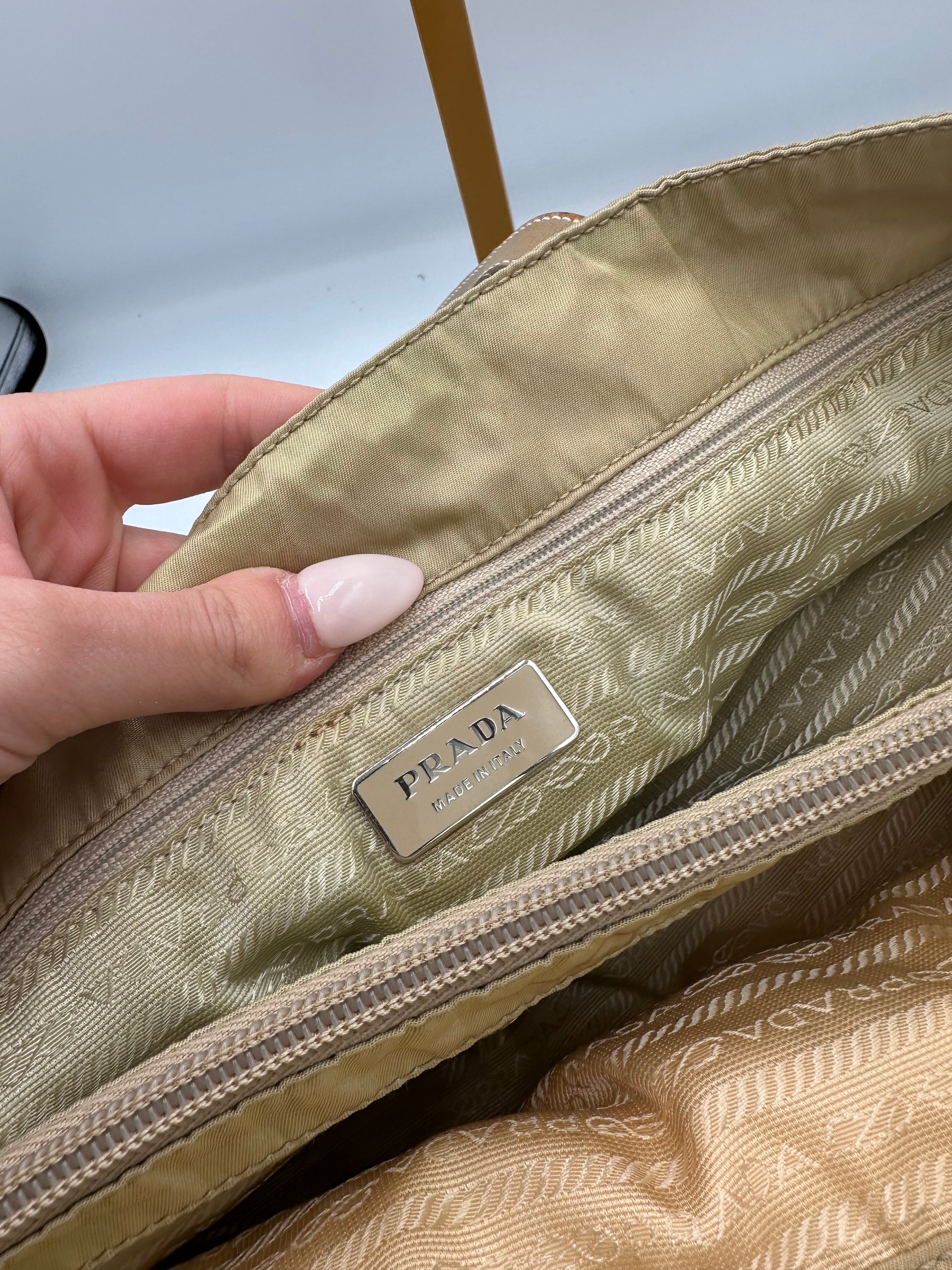 Prada nylon beige shoulder bag with triangle logo