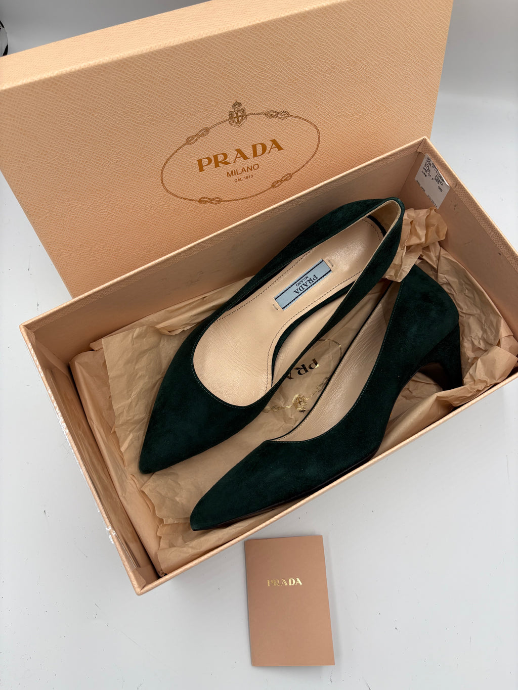 Authentic Prada emerald forest green suede kitten heel pointy toe heels