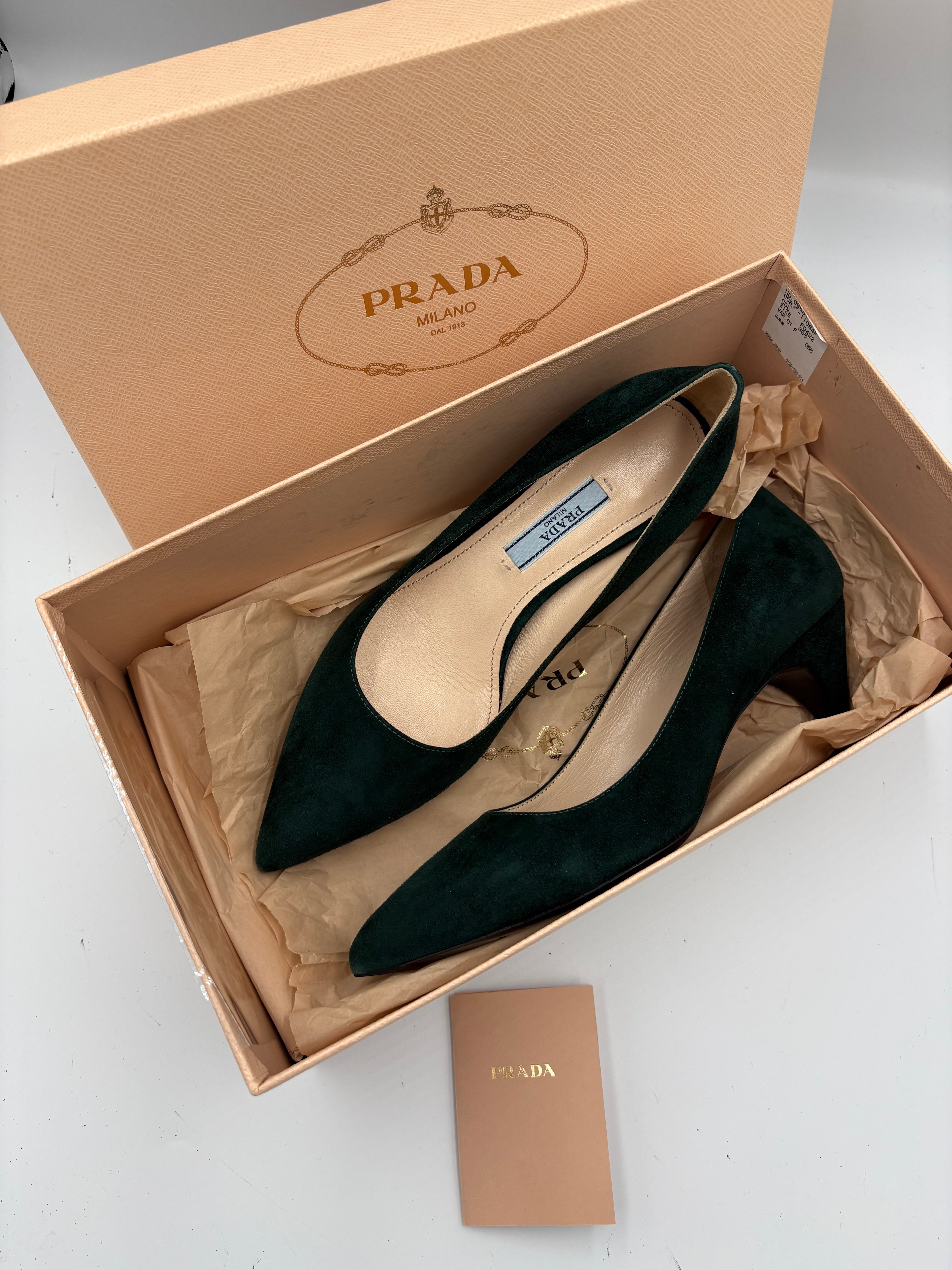 Authentic Prada emerald forest green suede kitten heel pointy toe heels