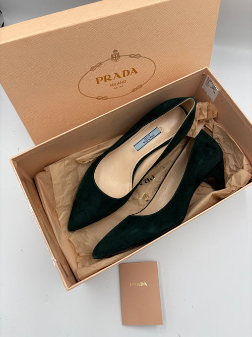 Authentic Prada emerald forest green suede kitten heel pointy toe heels