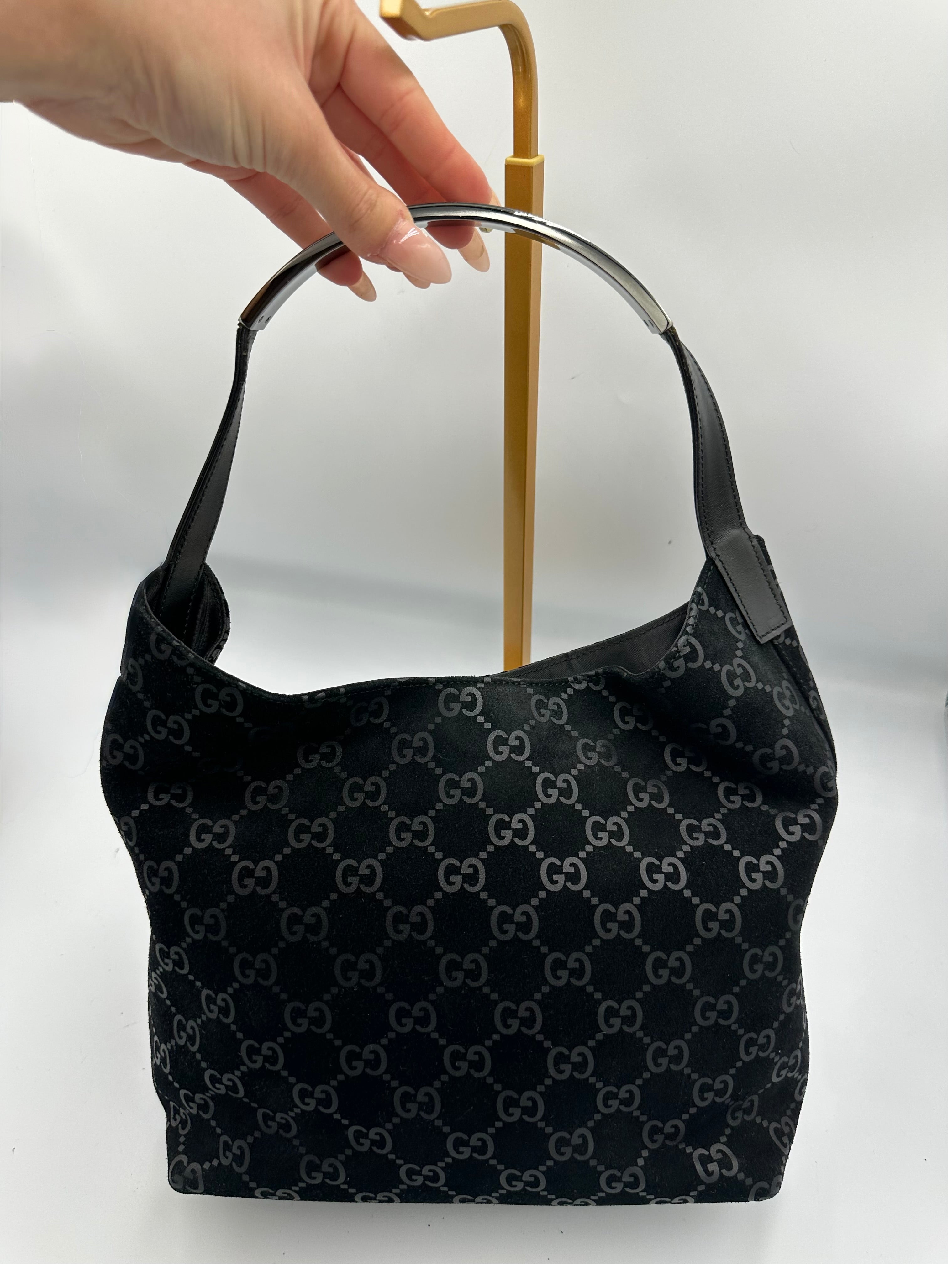 Tom Ford Gucci black suede silver top handle hobo shoulder bag