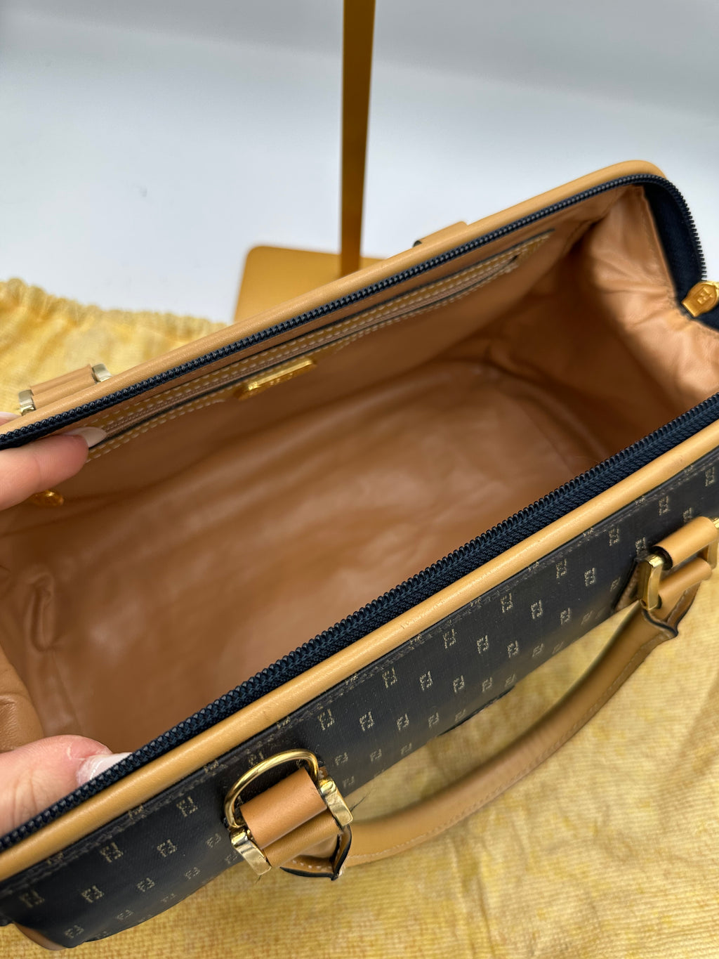 Fendi monogram boston bag in satin navy