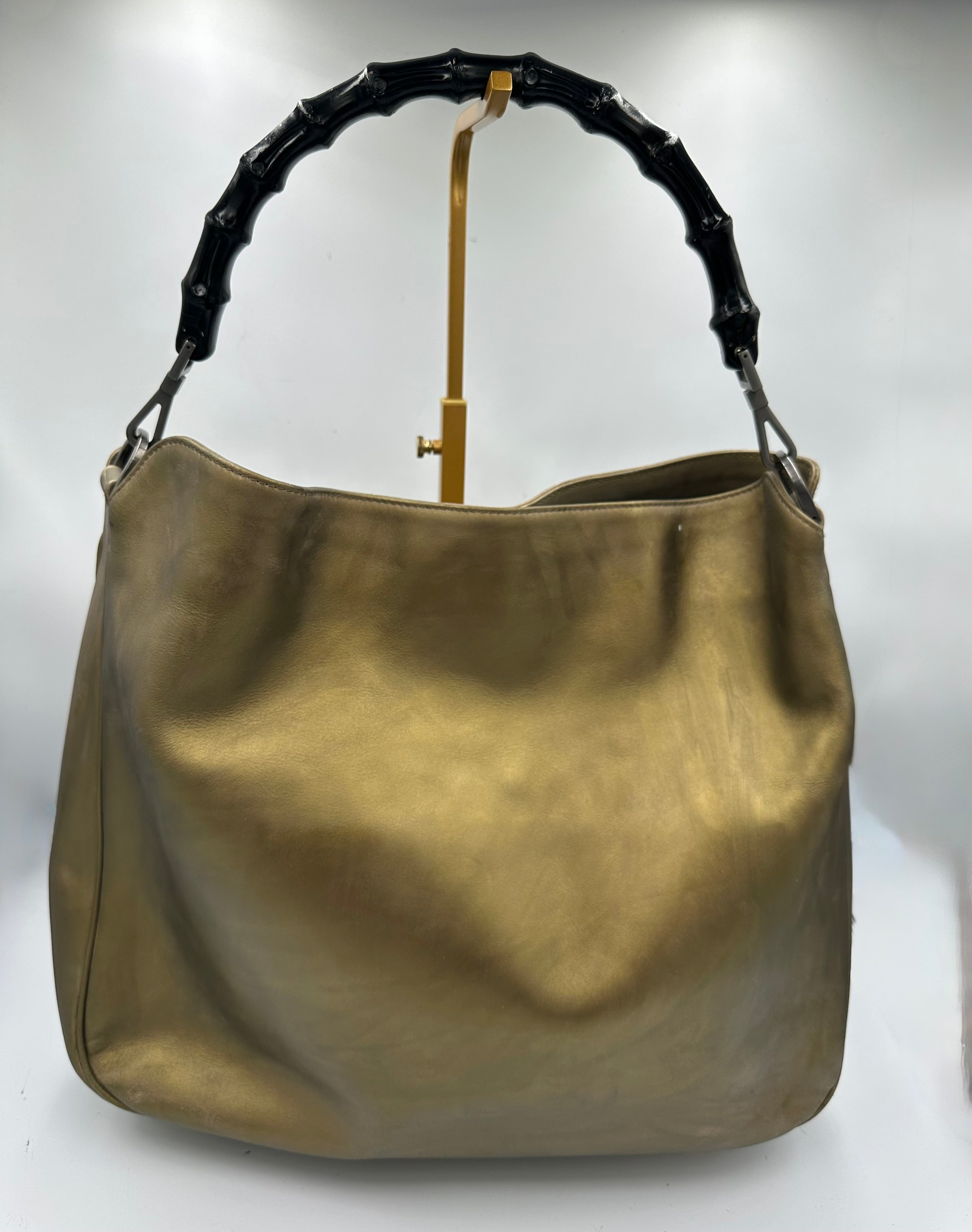 Rare Gucci Bamboo top handle shoulder bag in metallic olive green