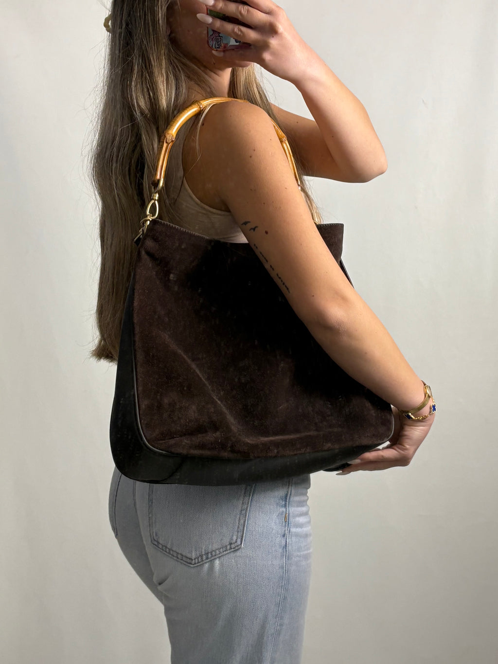 Vintage Gucci brown suede Bamboo shoulder bag