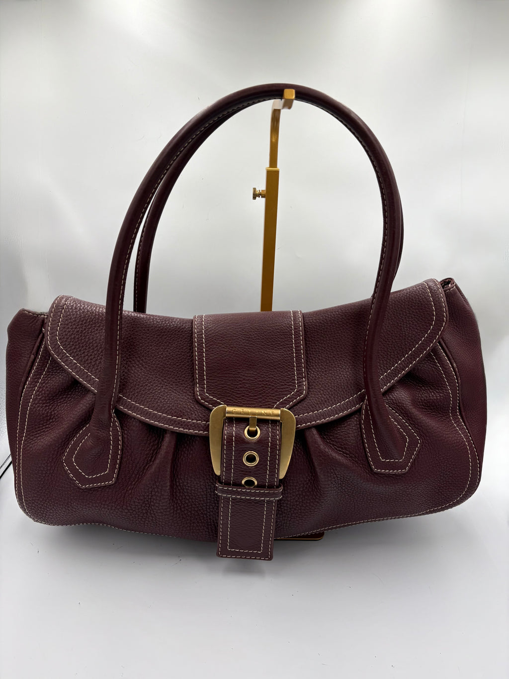 Celine Burgundy buckle leather shoulder tote bag