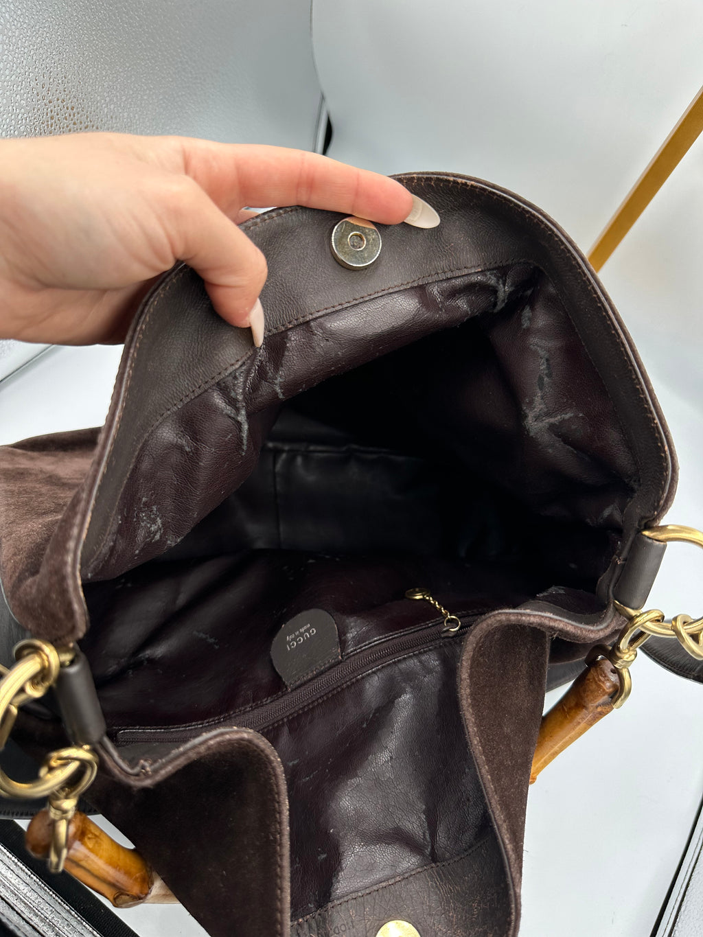 Vintage Gucci brown suede Bamboo shoulder bag