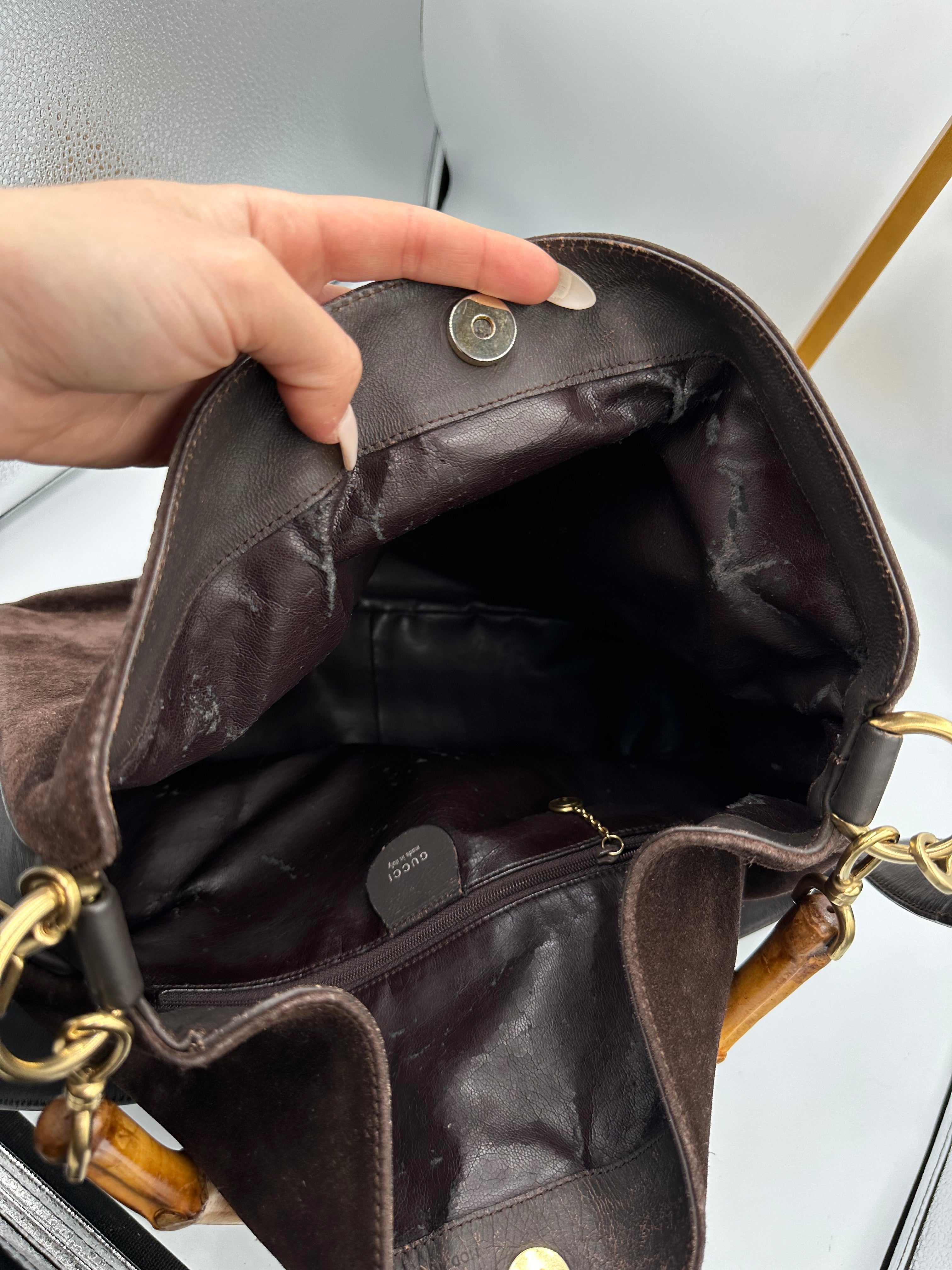 Vintage Gucci brown suede Bamboo shoulder bag