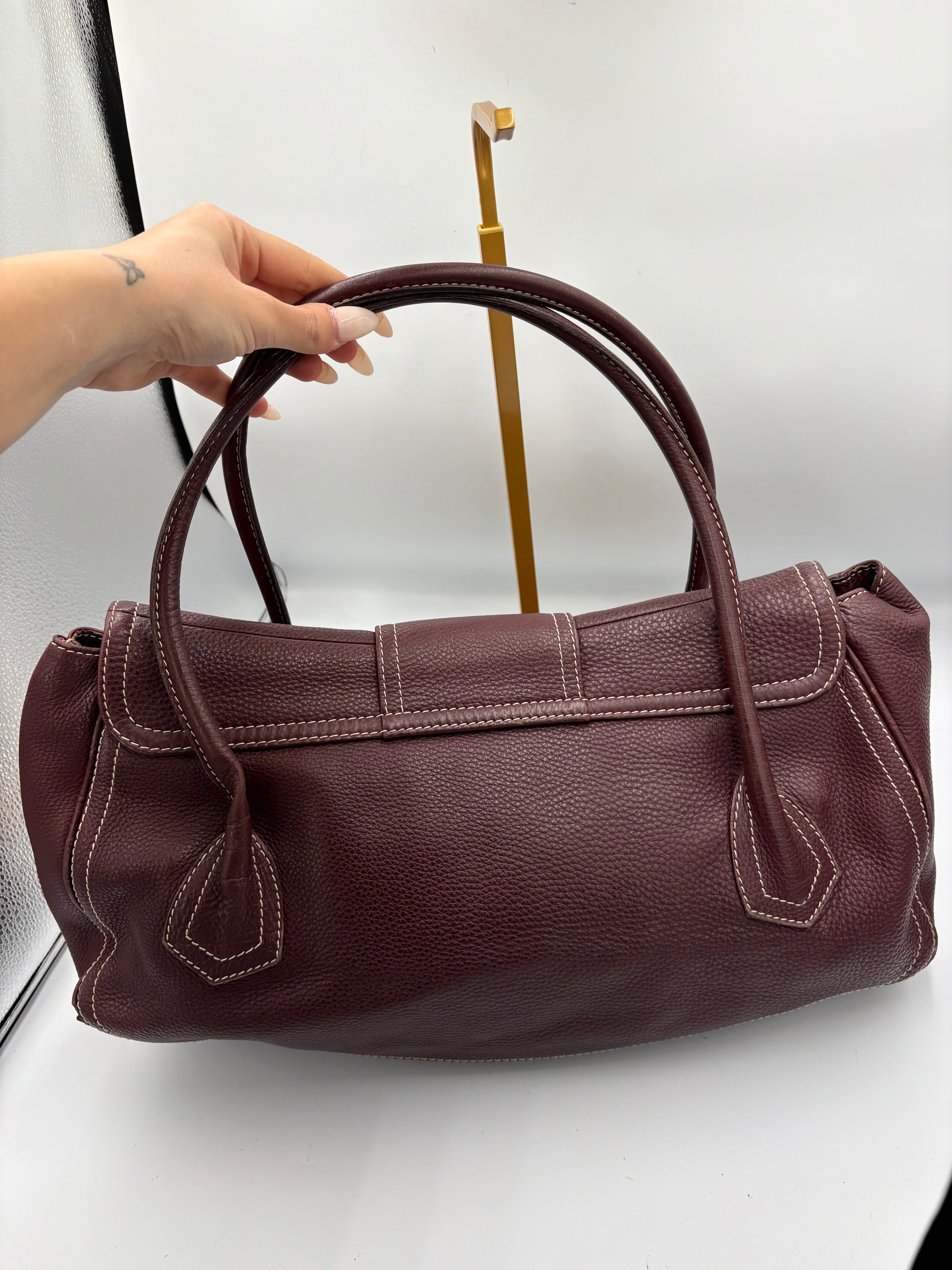 Celine Burgundy buckle leather shoulder tote bag