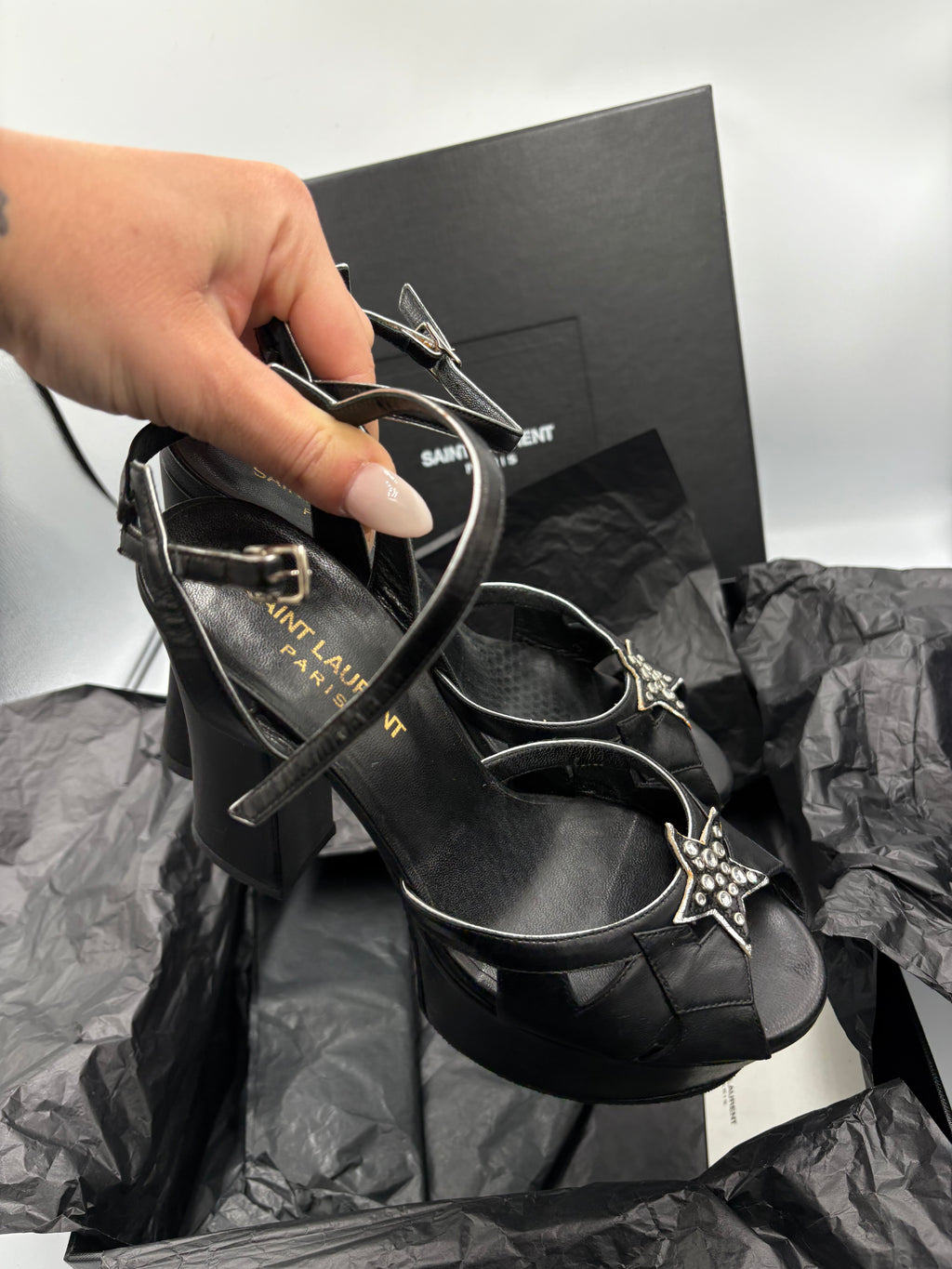 Saint Laurent Bianca 2008 collection leather platform heels with rhinestone star