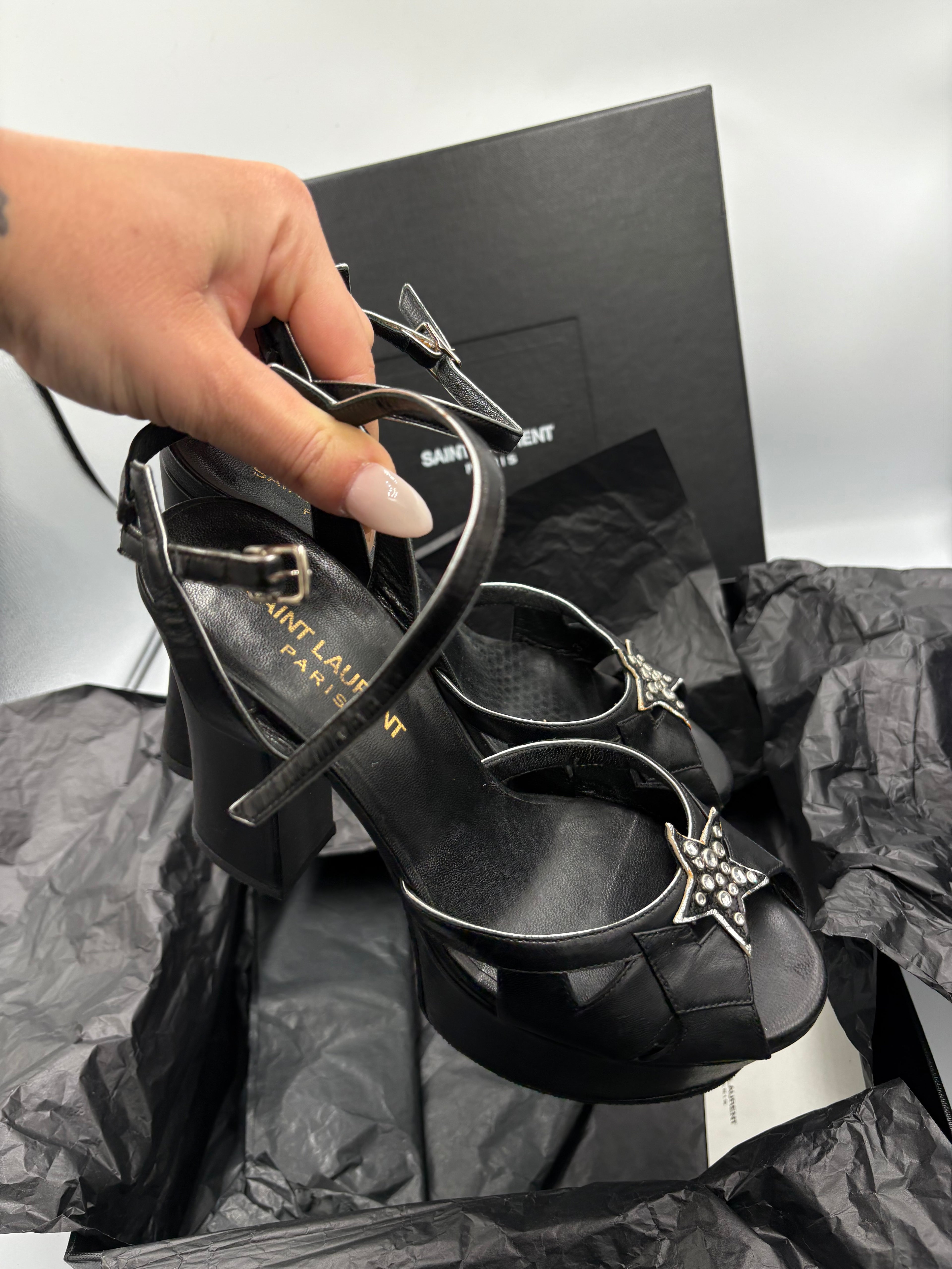 Saint Laurent Bianca 2008 collection leather platform heels with rhinestone star