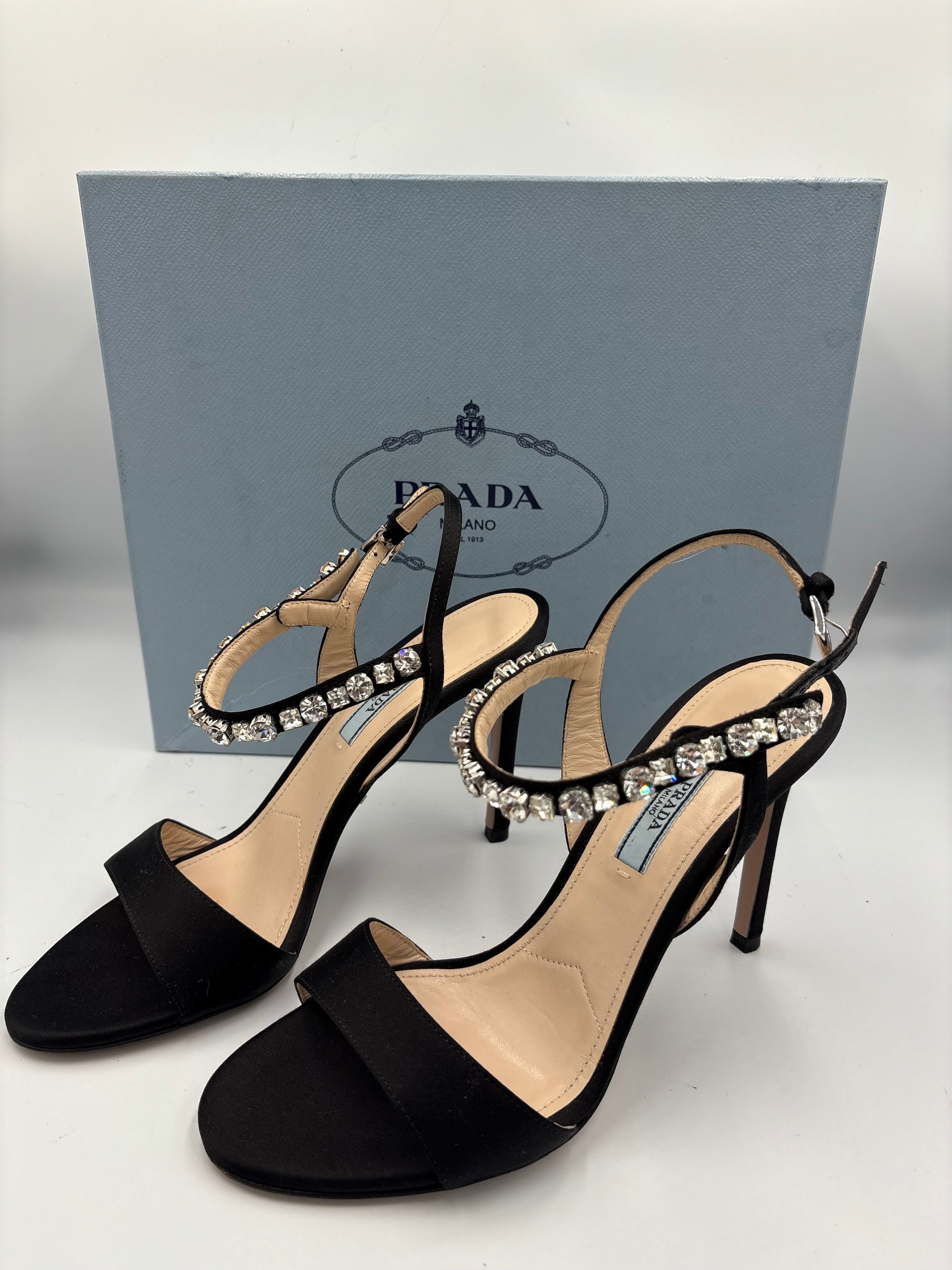 Prada black satin crystal embellished strappy high heel sandals UK 4.5