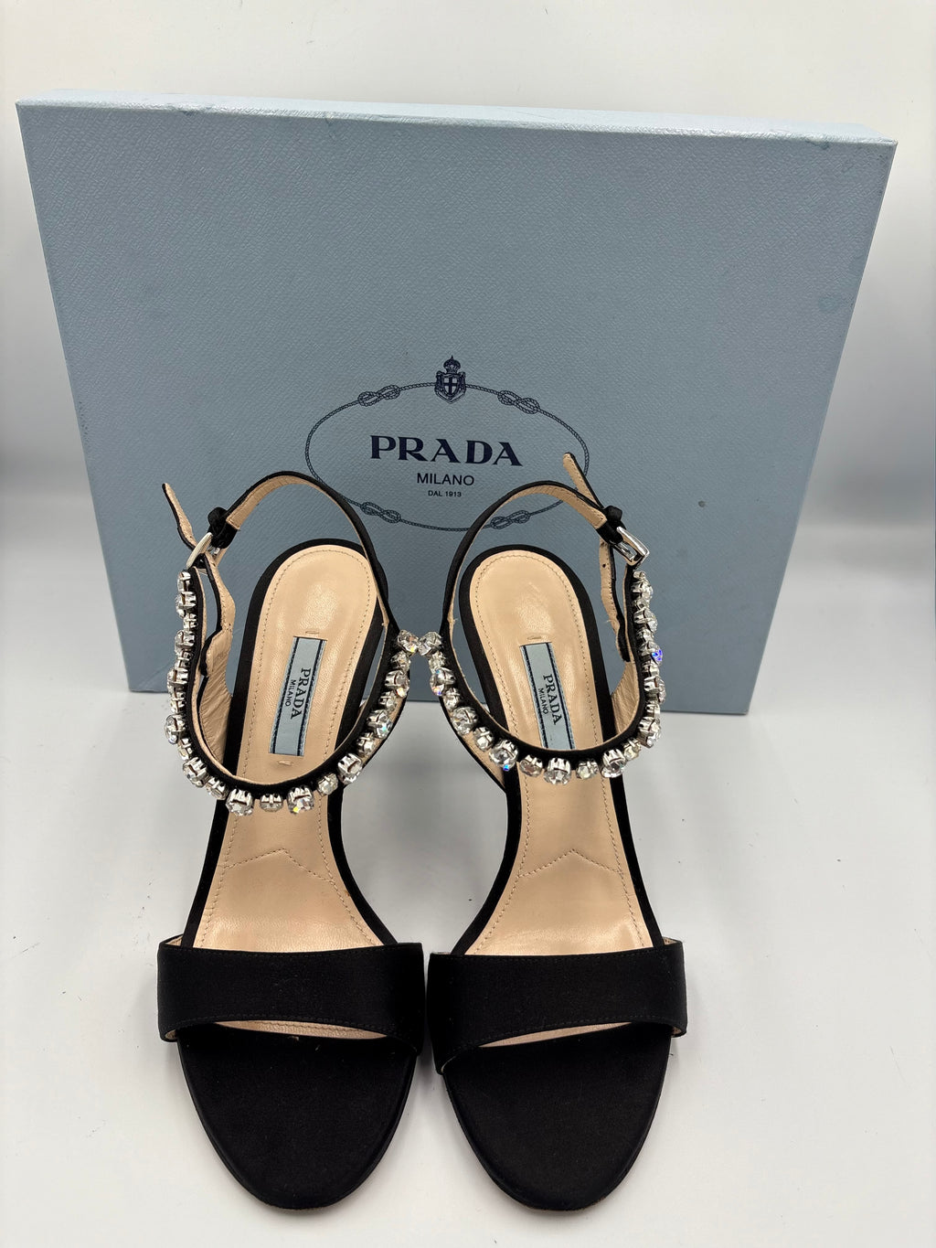 Prada black satin crystal embellished strappy high heel sandals UK 4.5