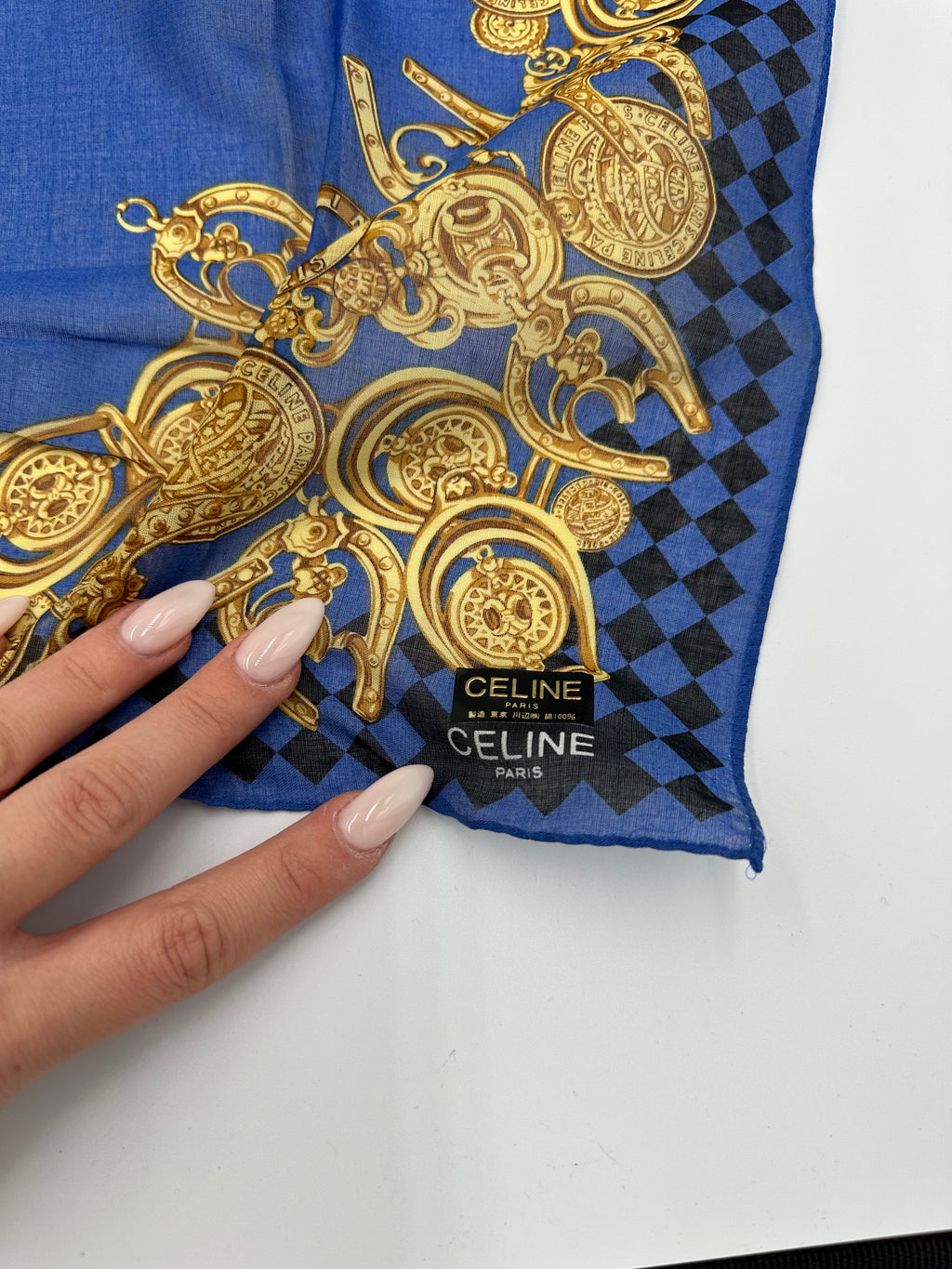 Celine Silk Triomph navy and gold scarf