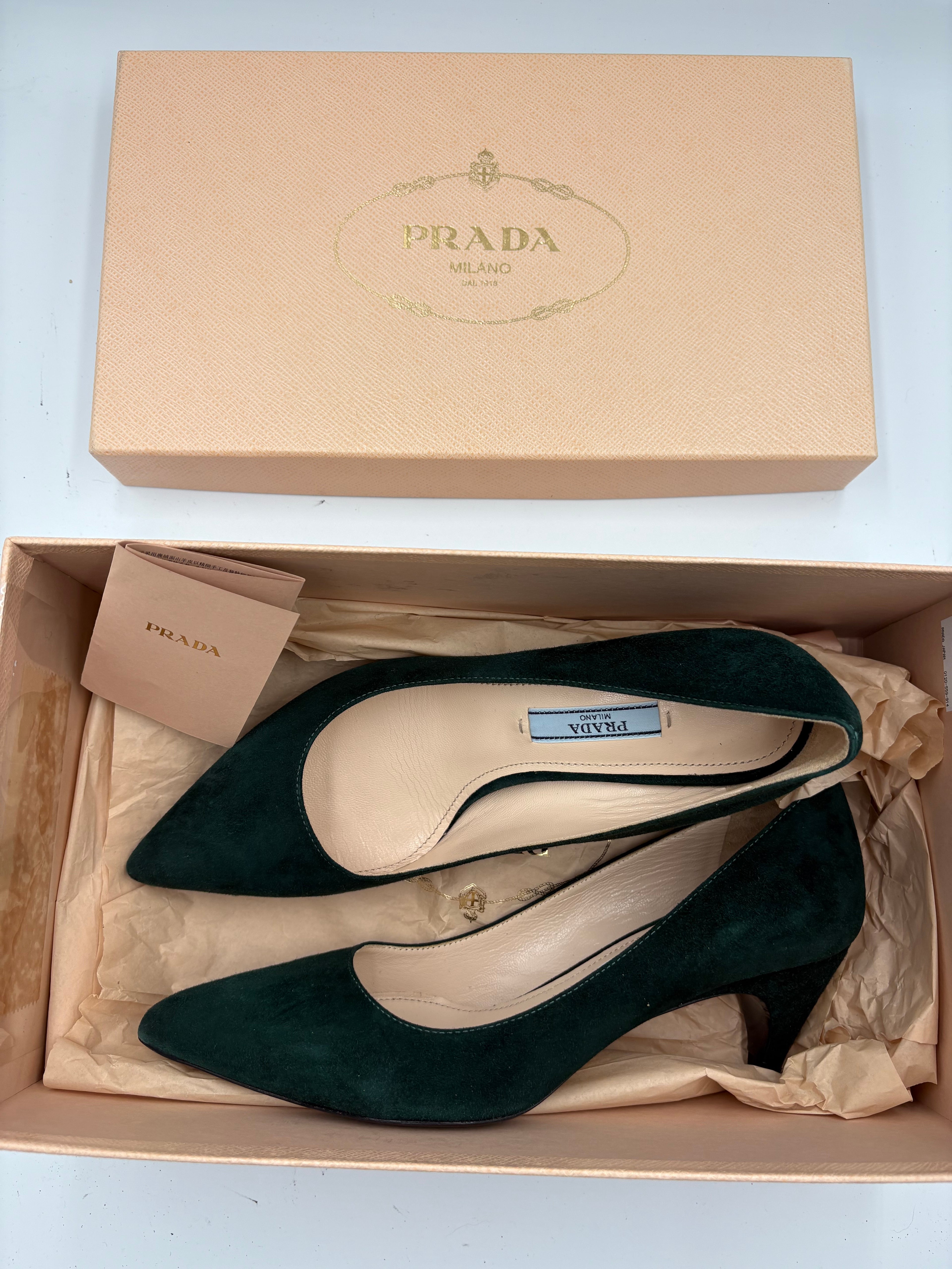 Authentic Prada emerald forest green suede kitten heel pointy toe heels