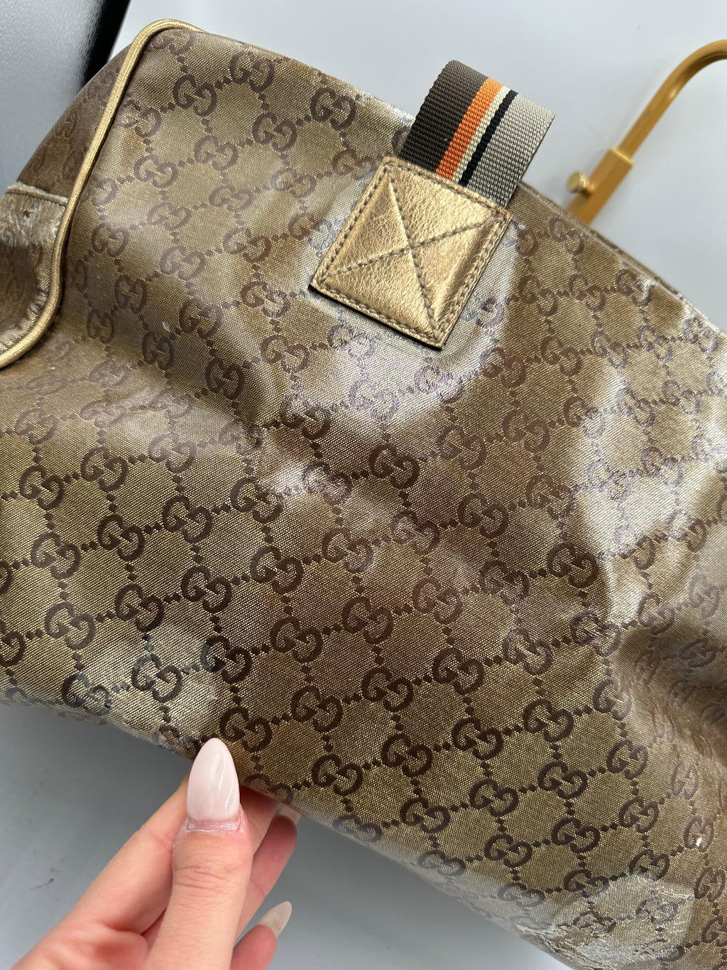 Rare 2000s Gucci bronze PVC metallic GG monogram pattern duffel bag