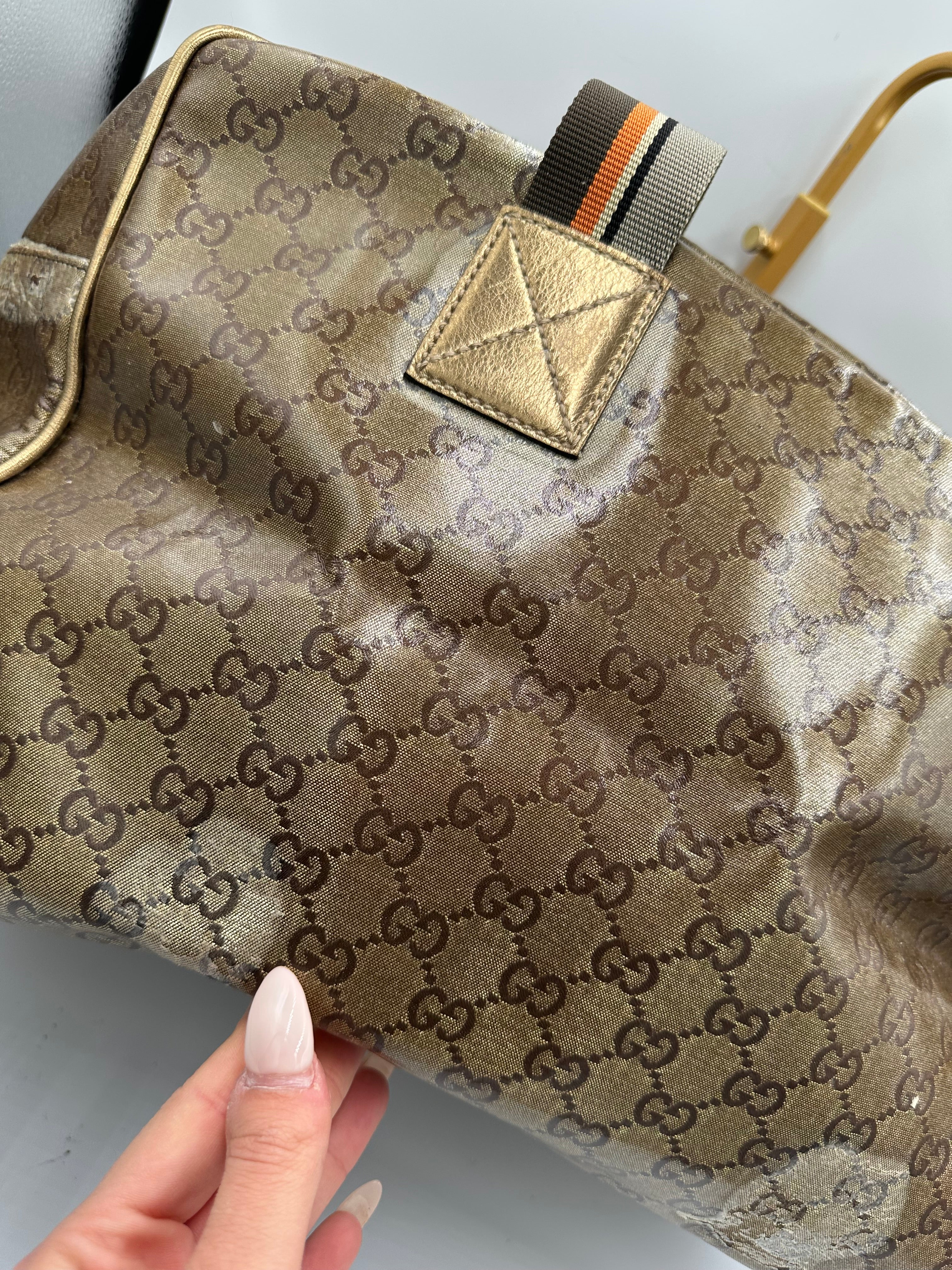 Rare 2000s Gucci bronze PVC metallic GG monogram pattern duffel bag