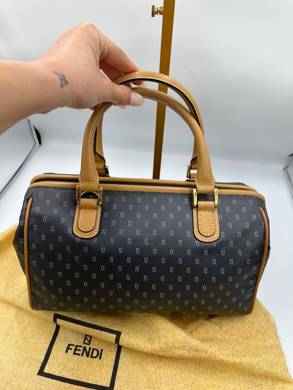 Fendi monogram boston bag in satin navy
