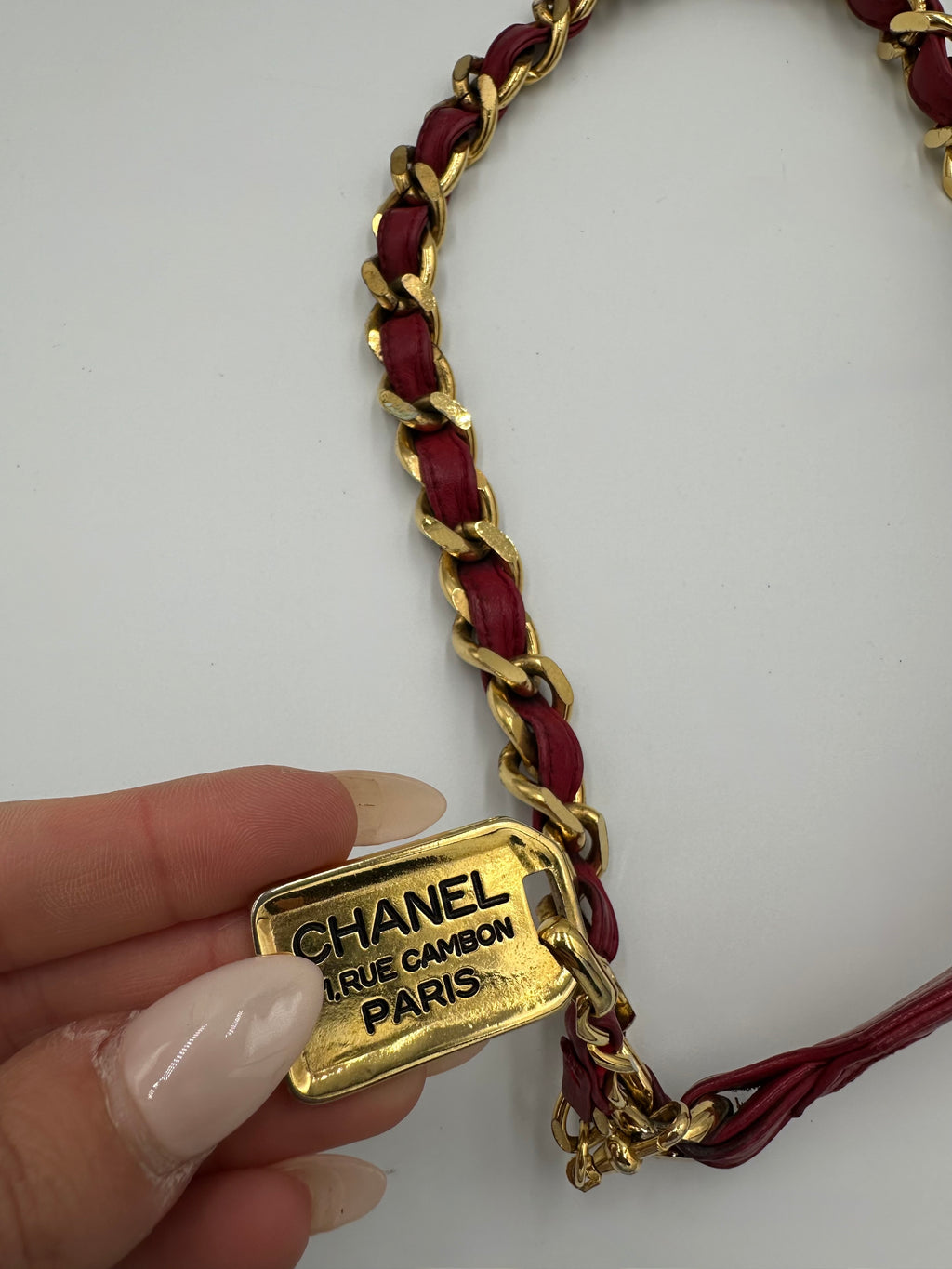Rare 1990s Chanel red leather “ 31 Rue Cambon Paris chain belt