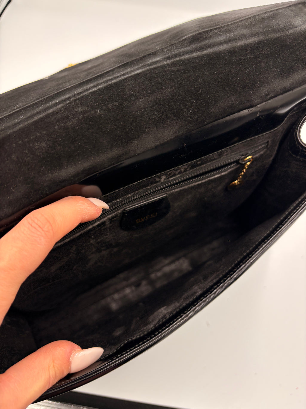 rare 90s Gucci by Tom Ford black patent leather gold handle Clutch