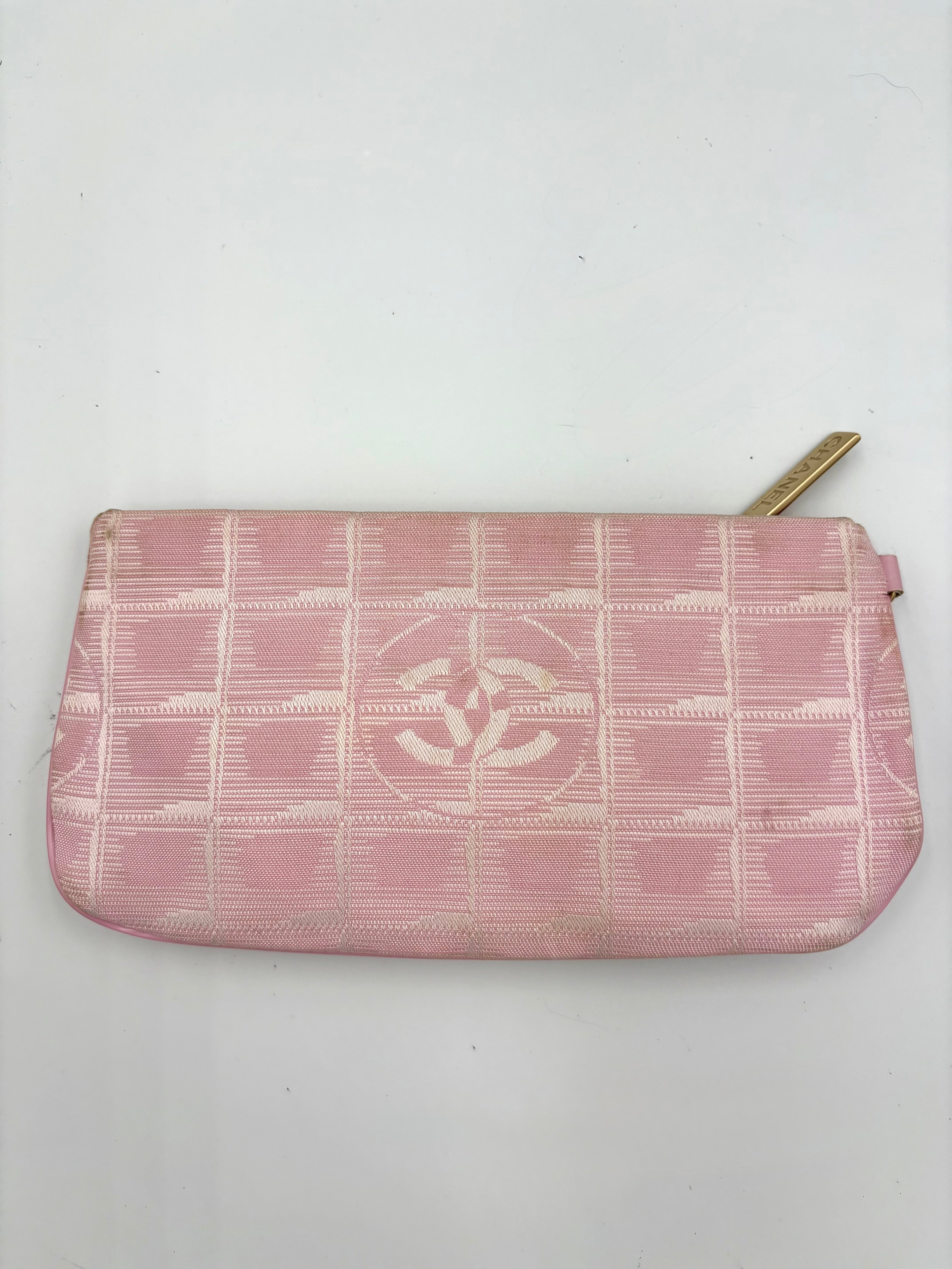 2000s CHANEL pink Jacquard Travel line canvas pouch/ clutch mini bag
