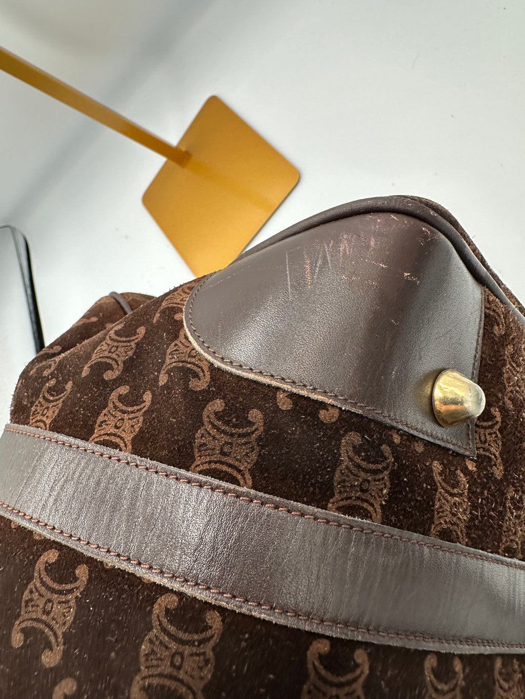 Rare Celine brown suede monogram Macadam handbag