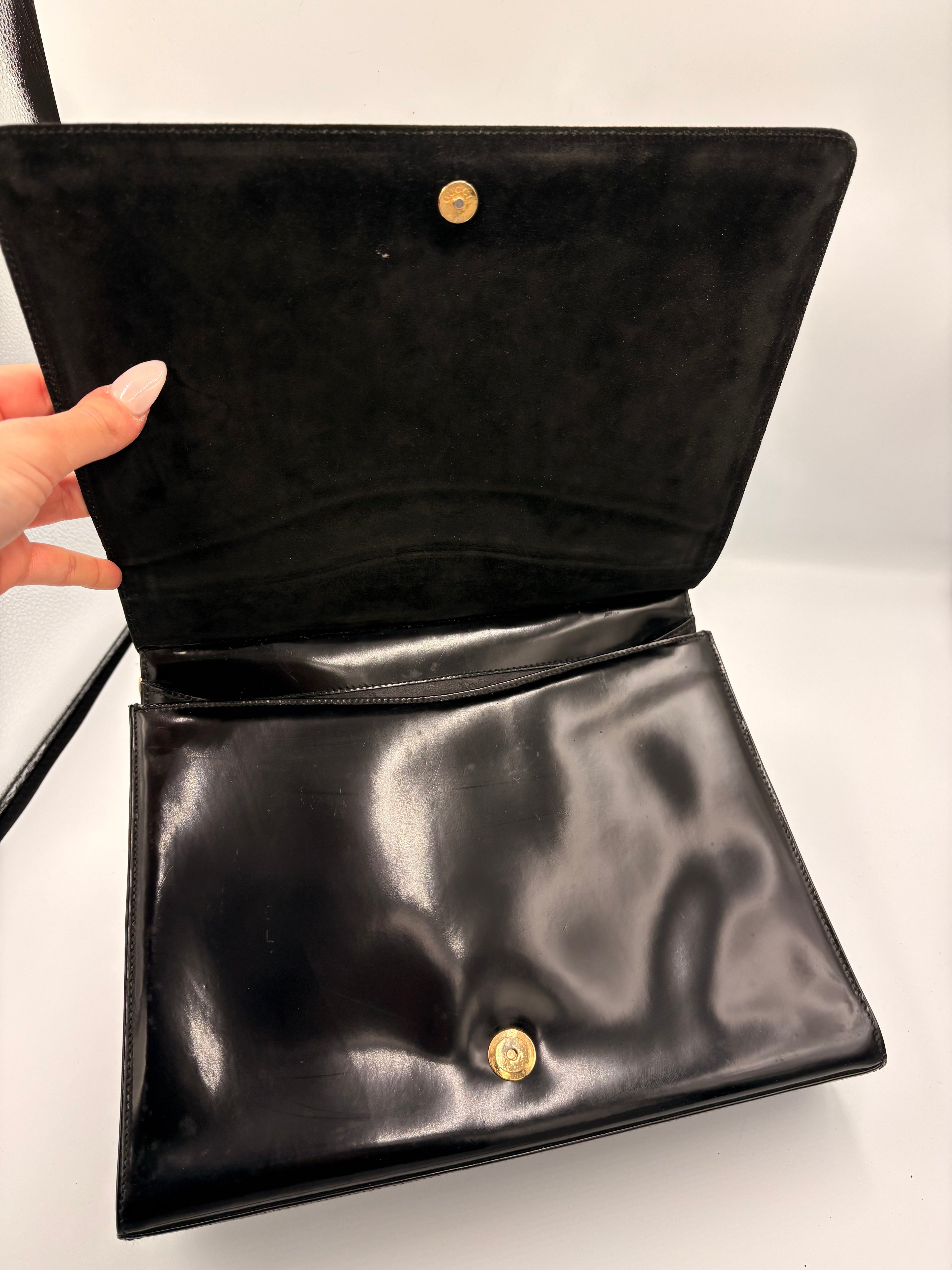 rare 90s Gucci by Tom Ford black patent leather gold handle Clutch