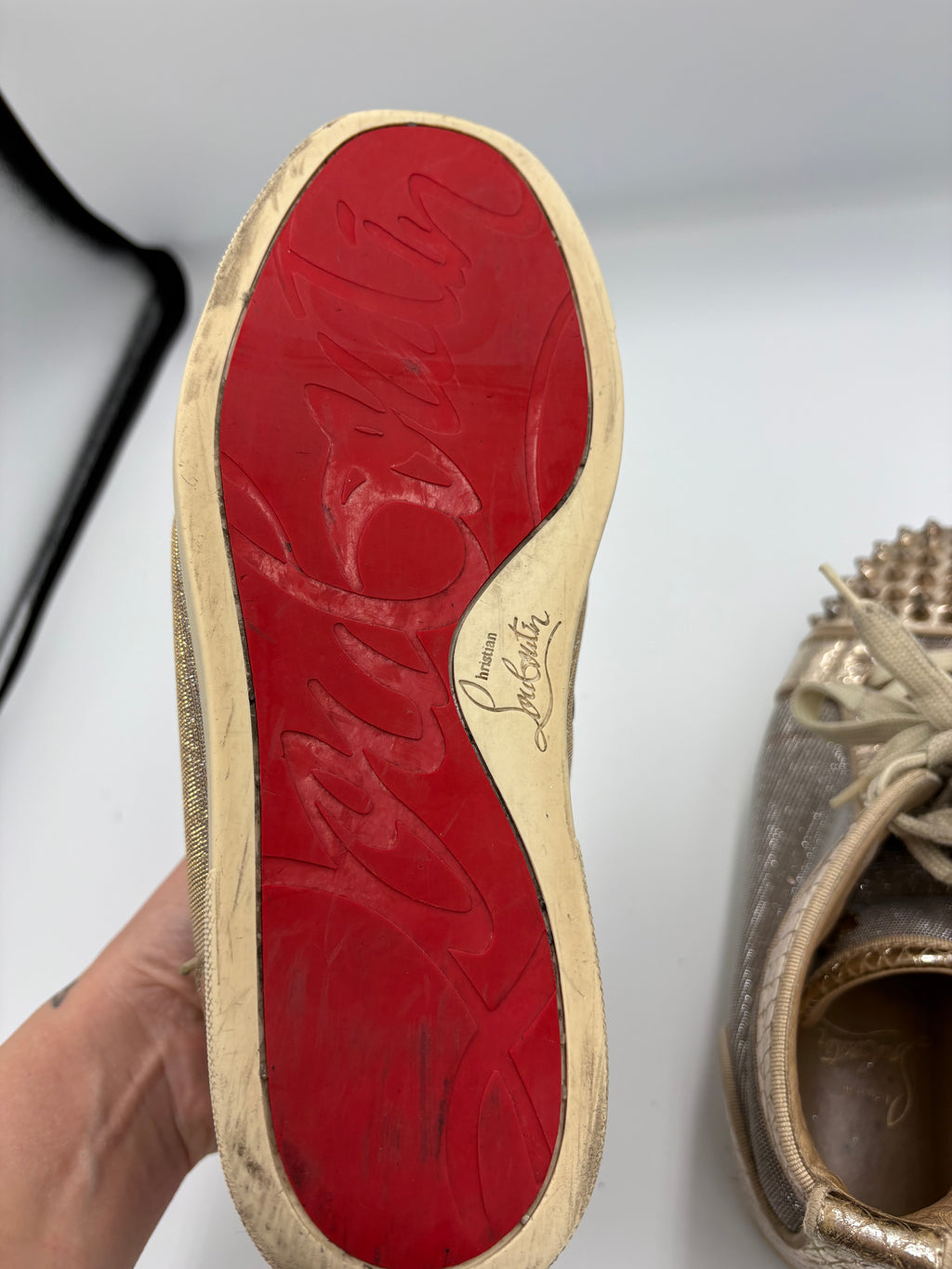Christian Louboutin Lou Spikes Spike Studded Glitter Sneakers in Rose Gold UK 5