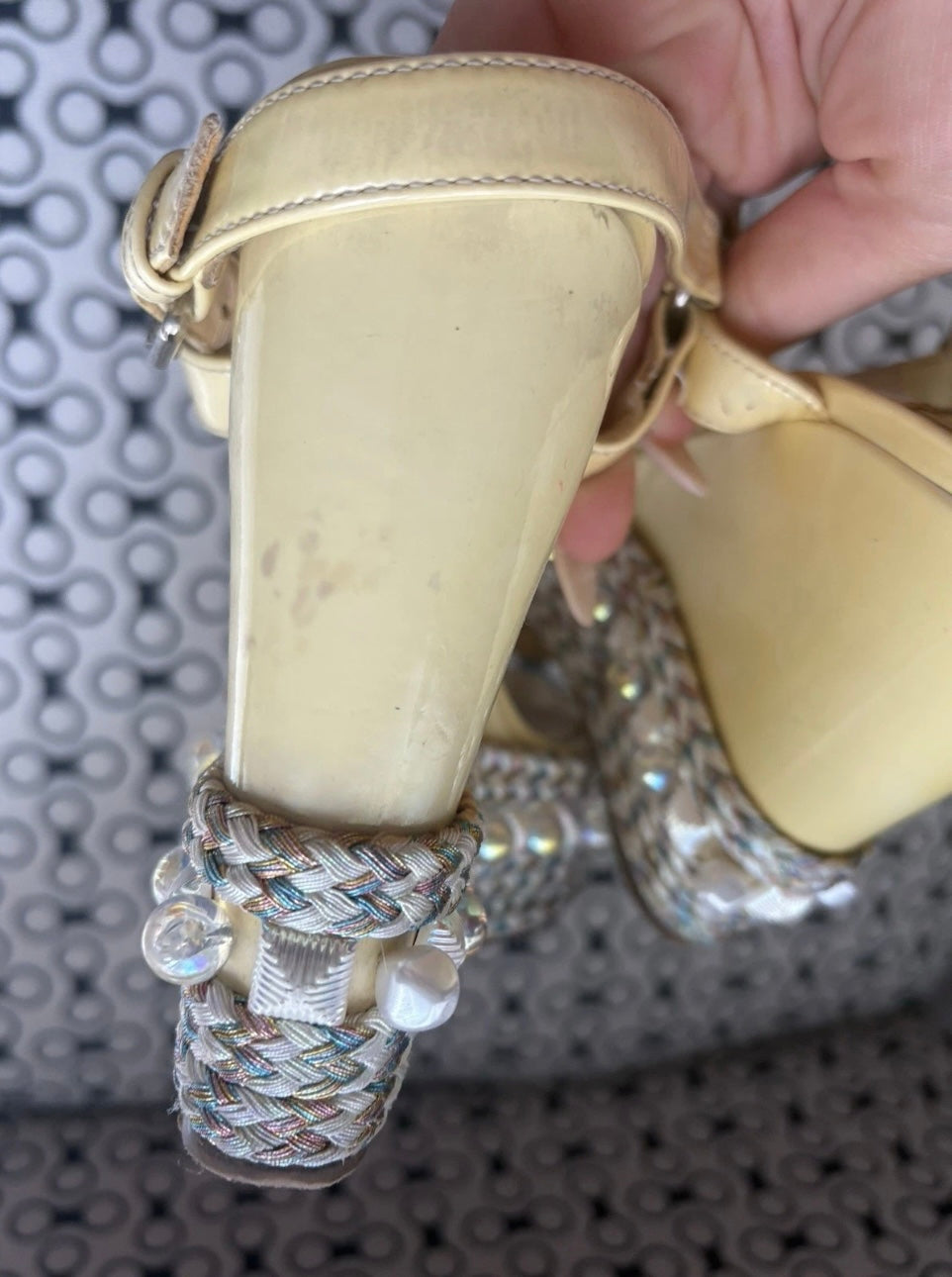 Christian Louboutin PYRACLOU 110 Wedge Sole Sandals Pearl Studded Light Yellow
