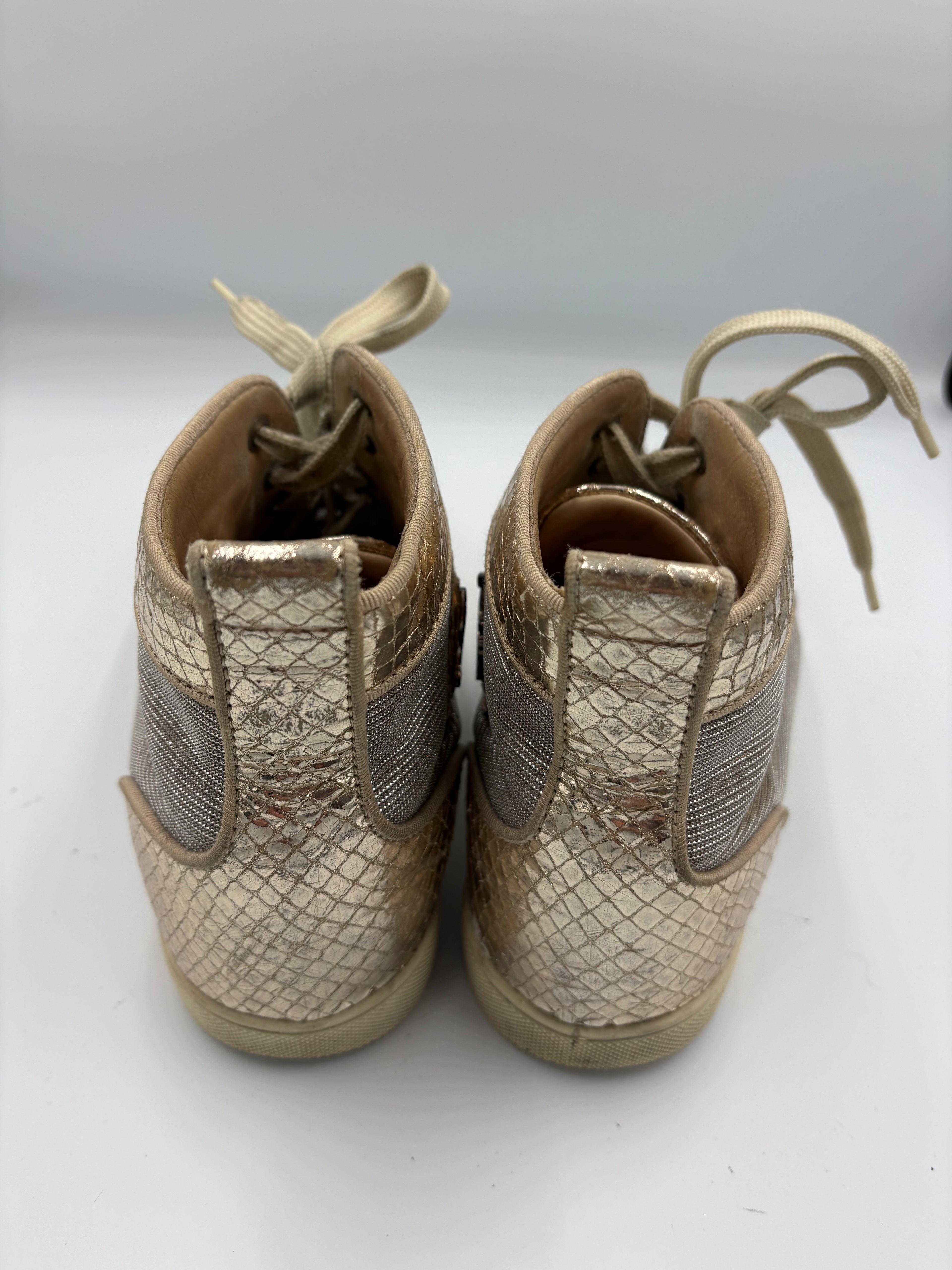 Christian Louboutin Lou Spikes Spike Studded Glitter Sneakers in Rose Gold UK 5