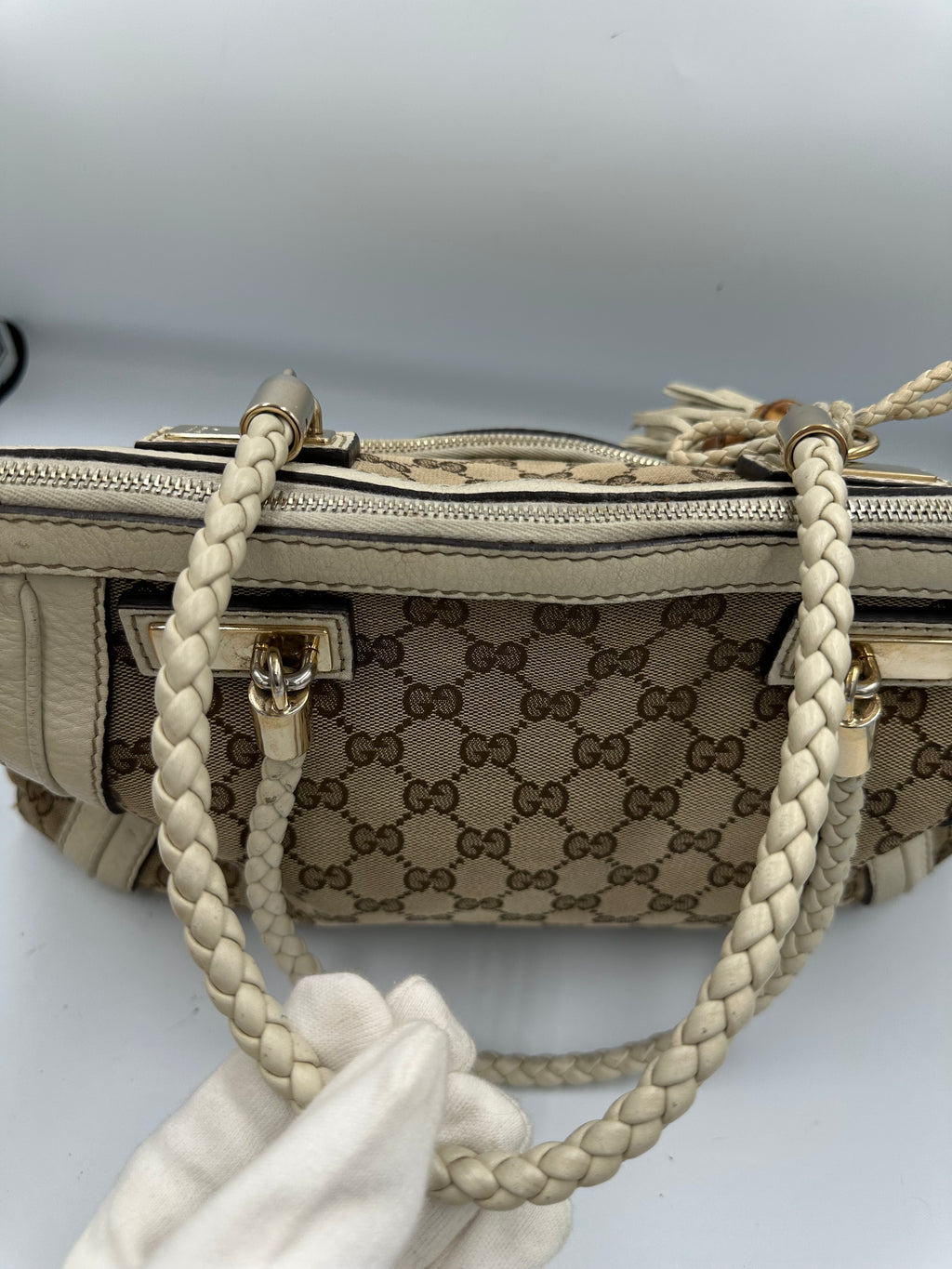 Rare Gucci Small GG Canvas Bella Satchel in beige and cream