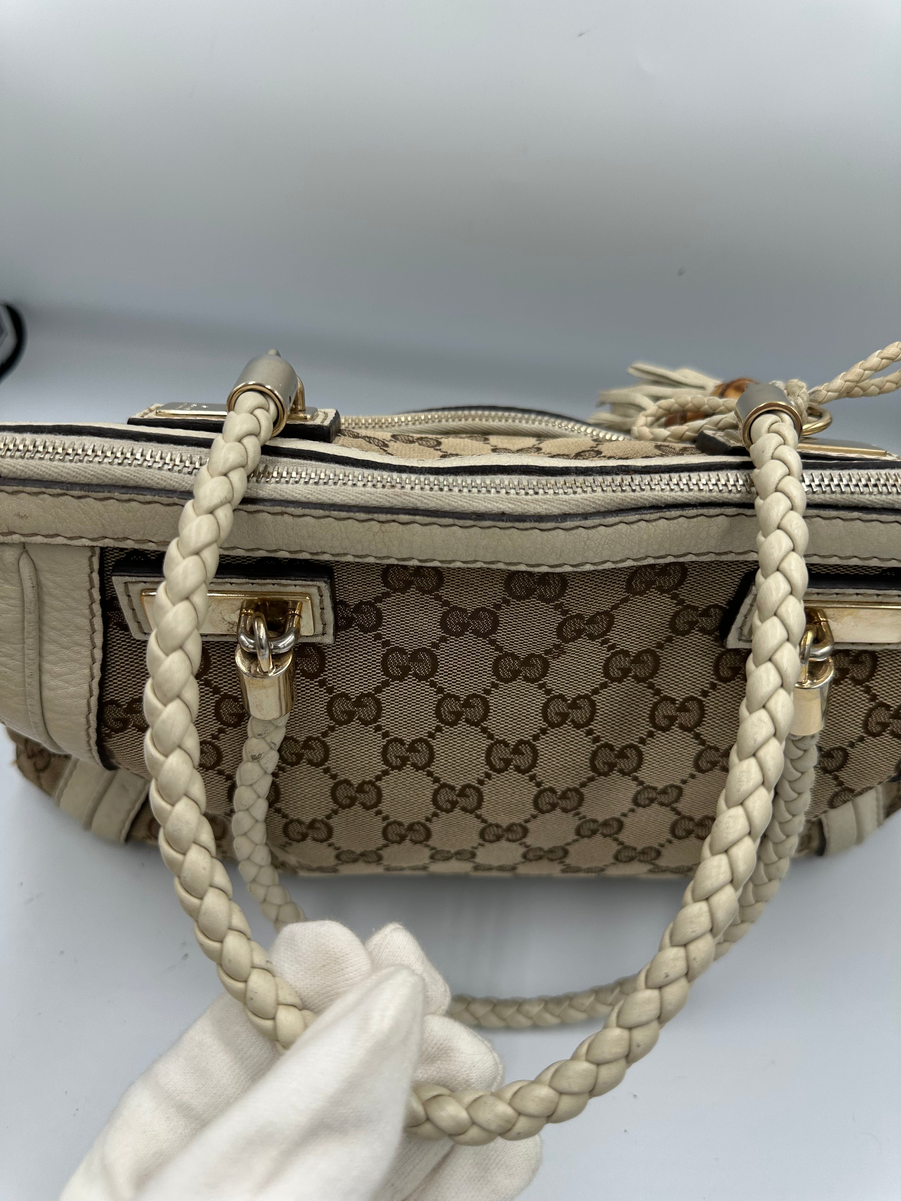 Rare Gucci Small GG Canvas Bella Satchel in beige and cream