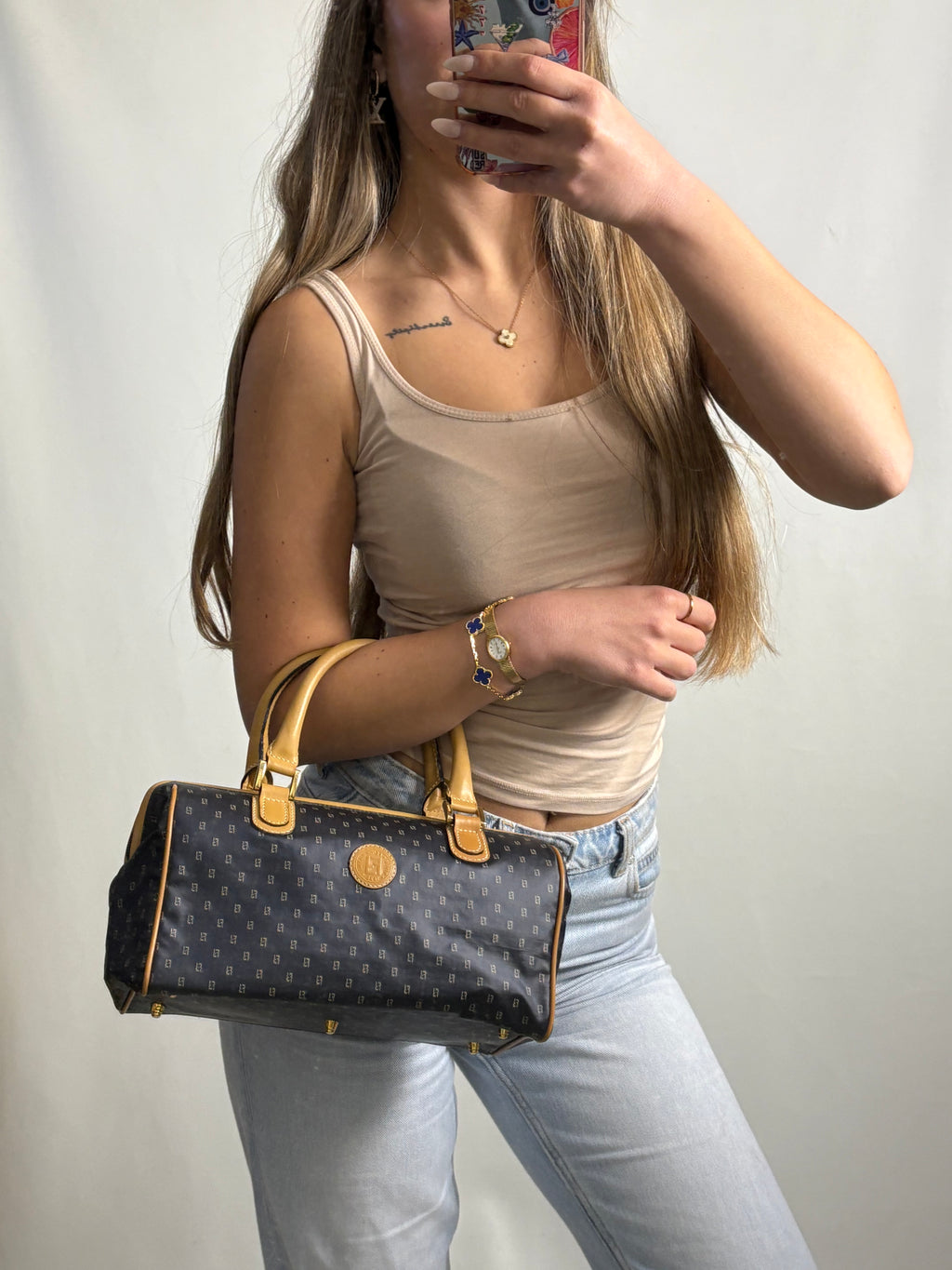 Fendi monogram boston bag in satin navy