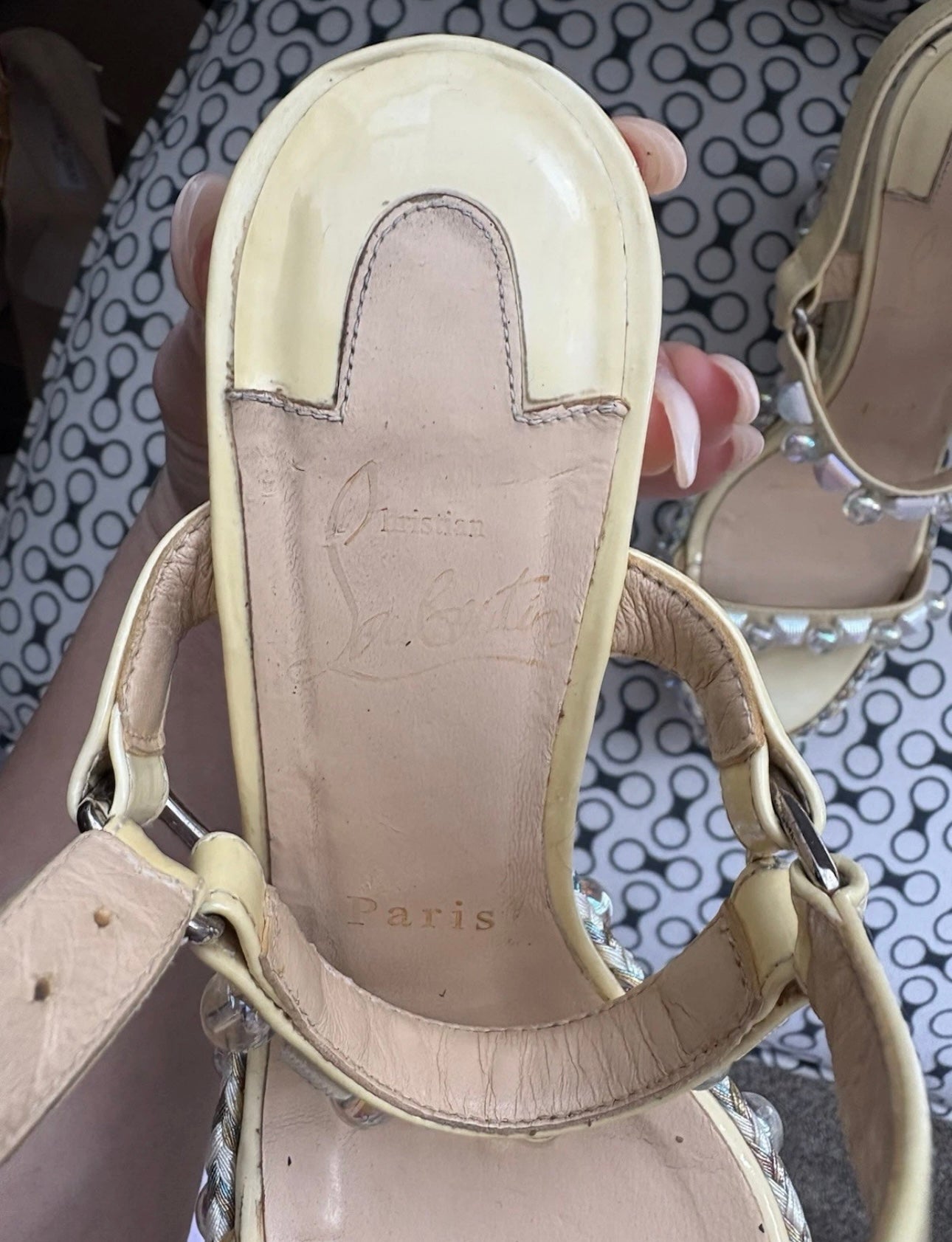 Christian Louboutin PYRACLOU 110 Wedge Sole Sandals Pearl Studded Light Yellow