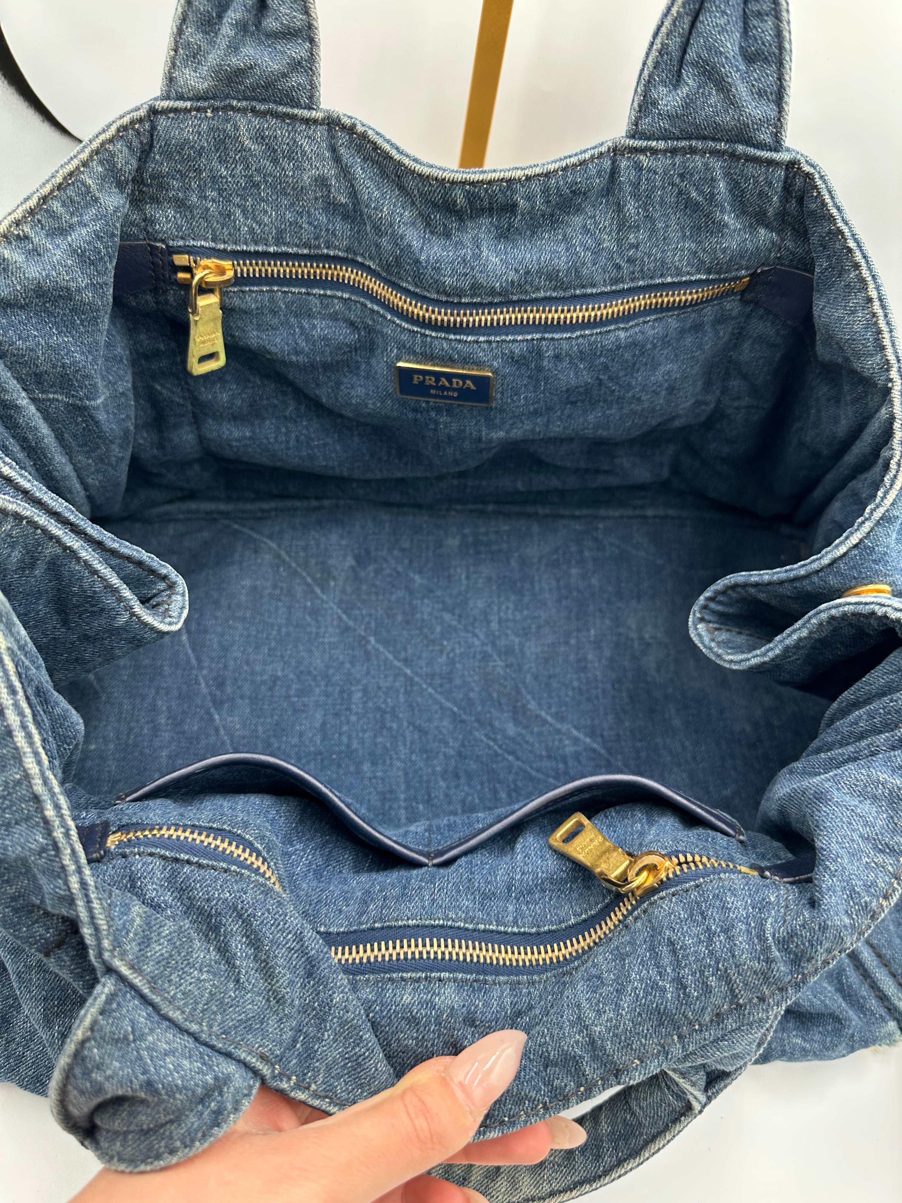 Prada Kanapa Denim tote bag with black Prada writing
