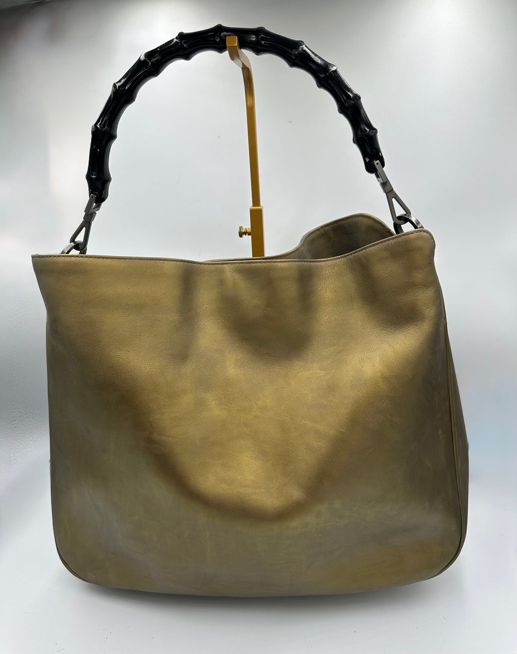 Rare Gucci Bamboo top handle shoulder bag in metallic olive green