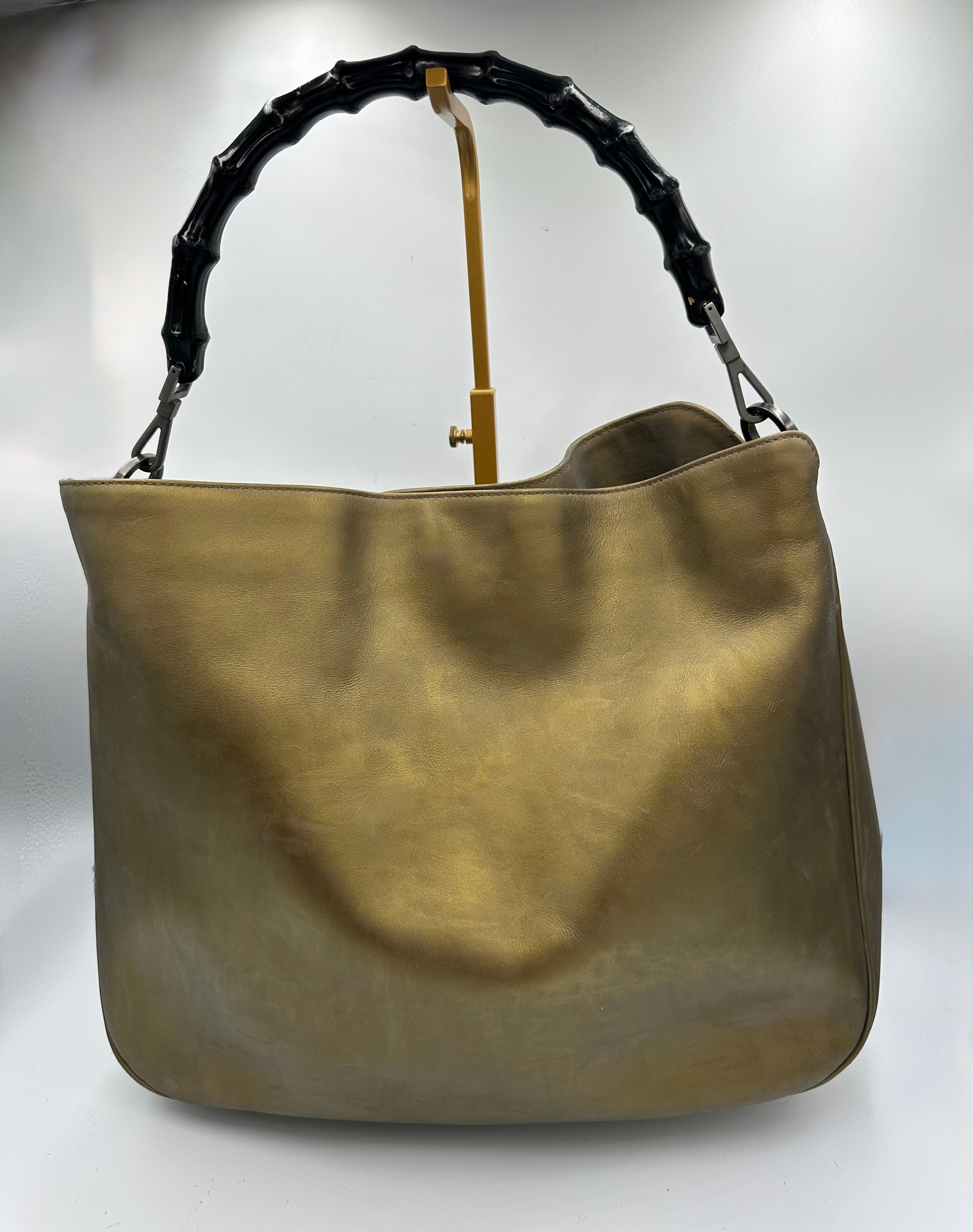 Rare Gucci Bamboo top handle shoulder bag in metallic olive green