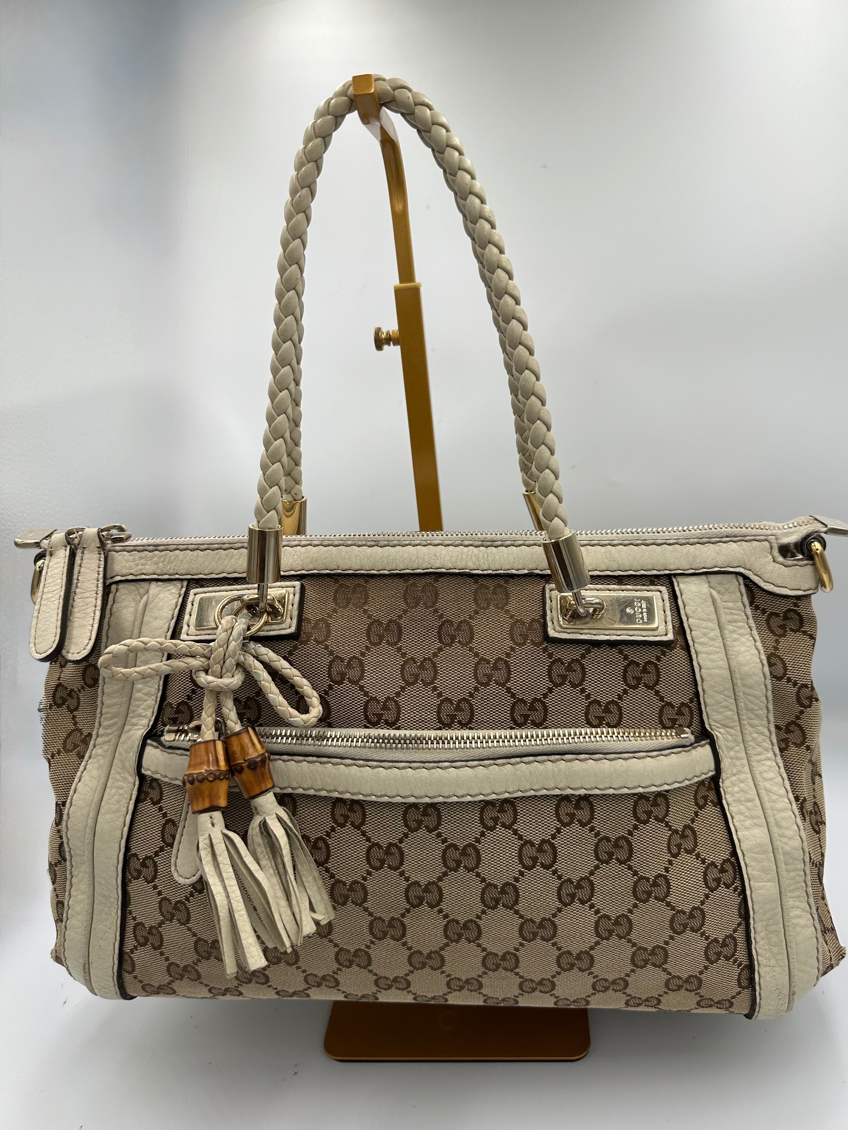Rare Gucci Small GG Canvas Bella Satchel in beige and cream