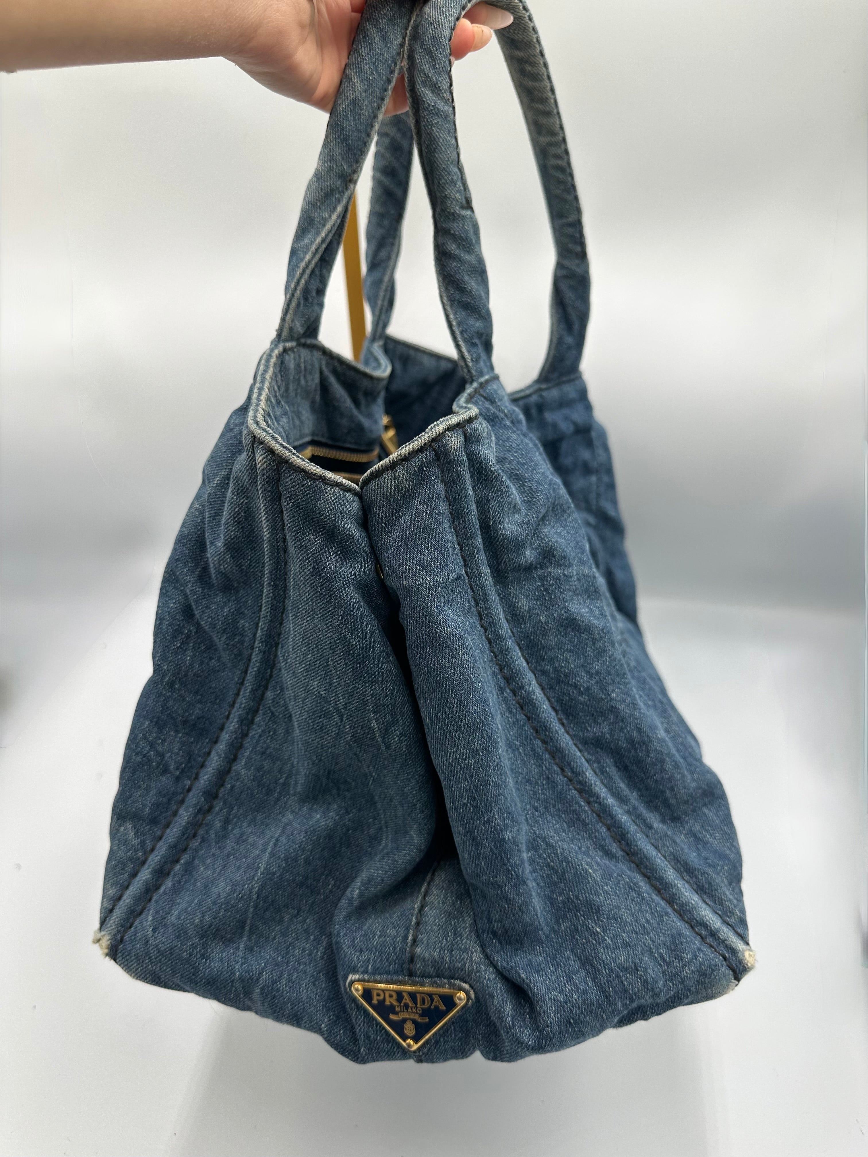 Prada Kanapa Denim tote bag with black Prada writing