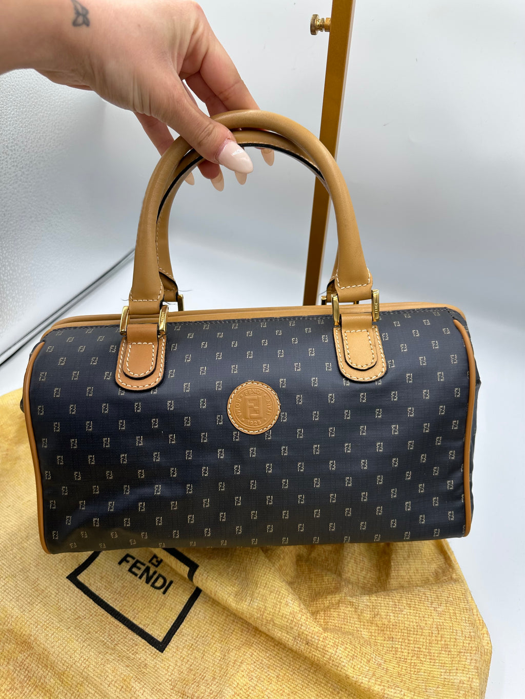 Fendi monogram boston bag in satin navy