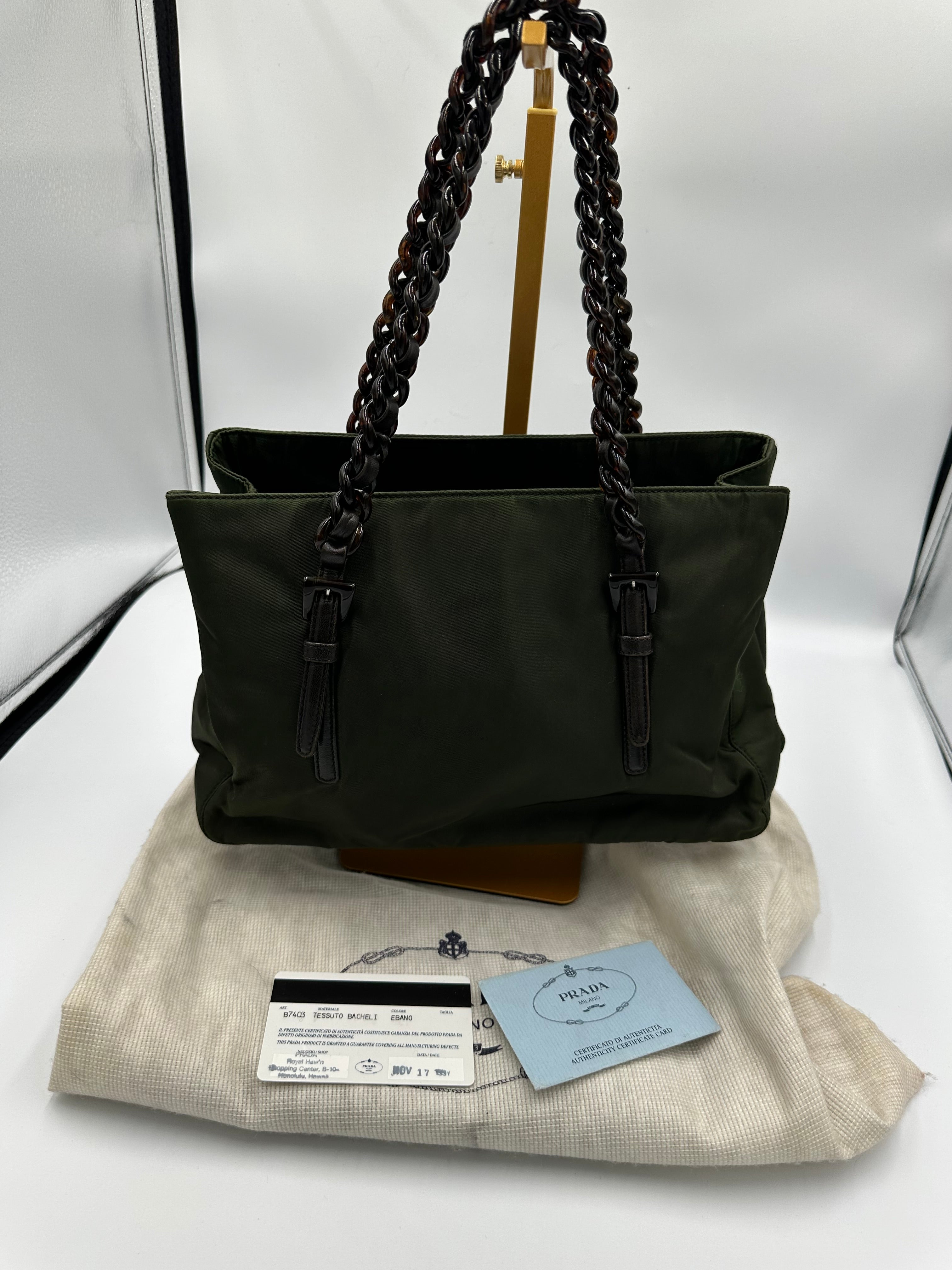 Prada Nylon black chain forest green shoulder bag