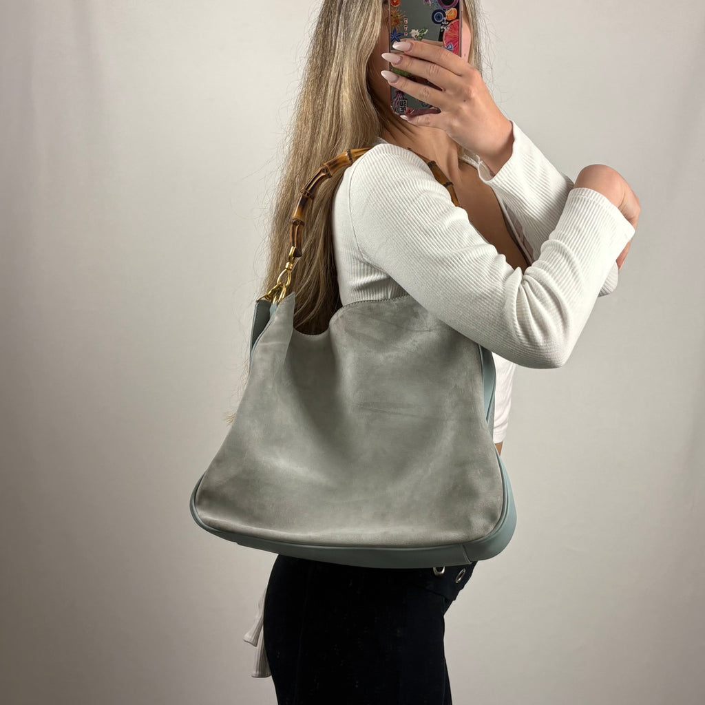 Rare Gucci Bamboo baby blue suede top handle shoulder bag