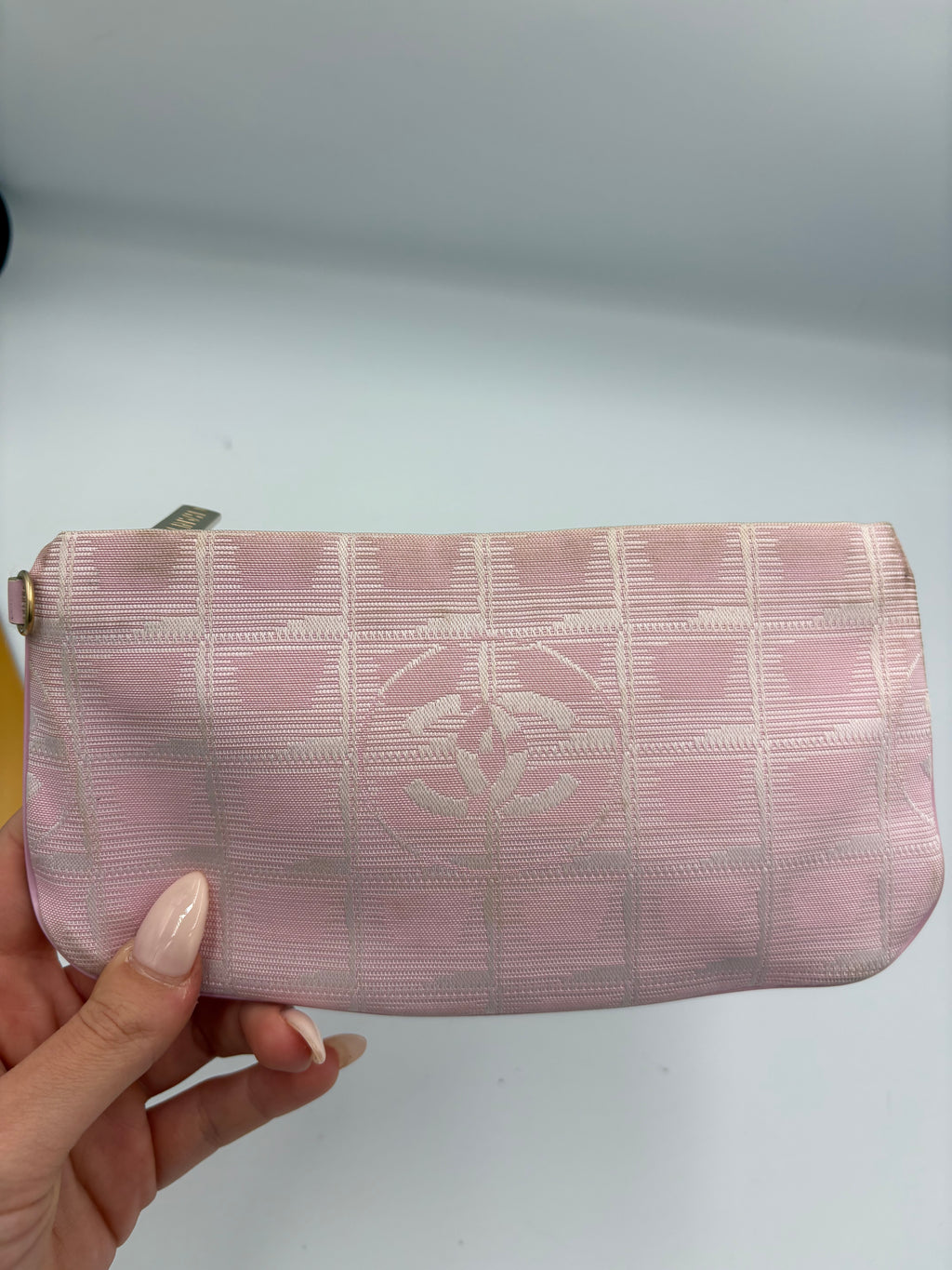 2000s CHANEL pink Jacquard Travel line canvas pouch/ clutch mini bag