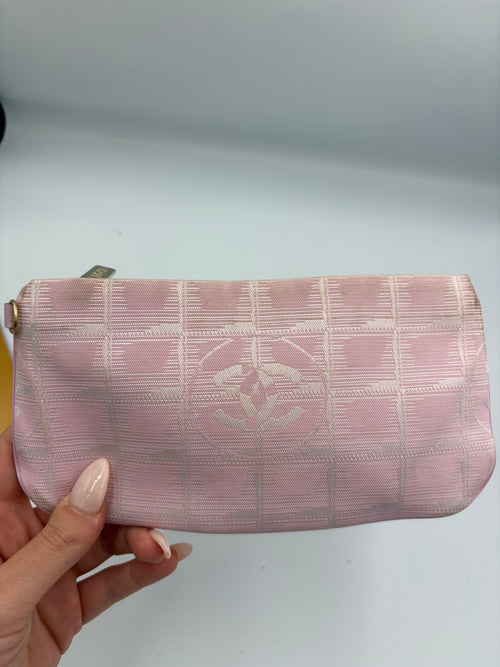 2000s CHANEL pink Jacquard Travel line canvas pouch/ clutch mini bag